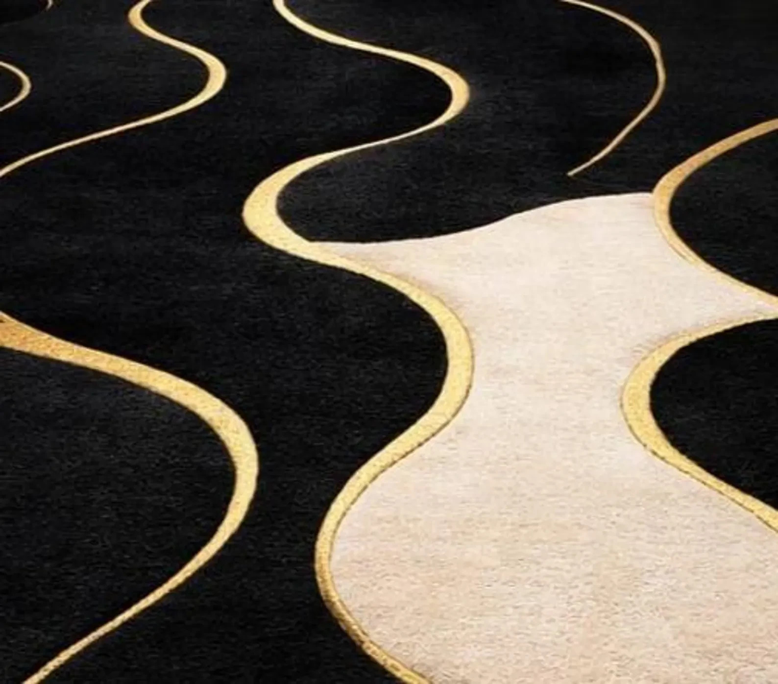 Hand-Tufted Wool Area Rug – Black Gold Abstract Flowing Lines Designer Carpet