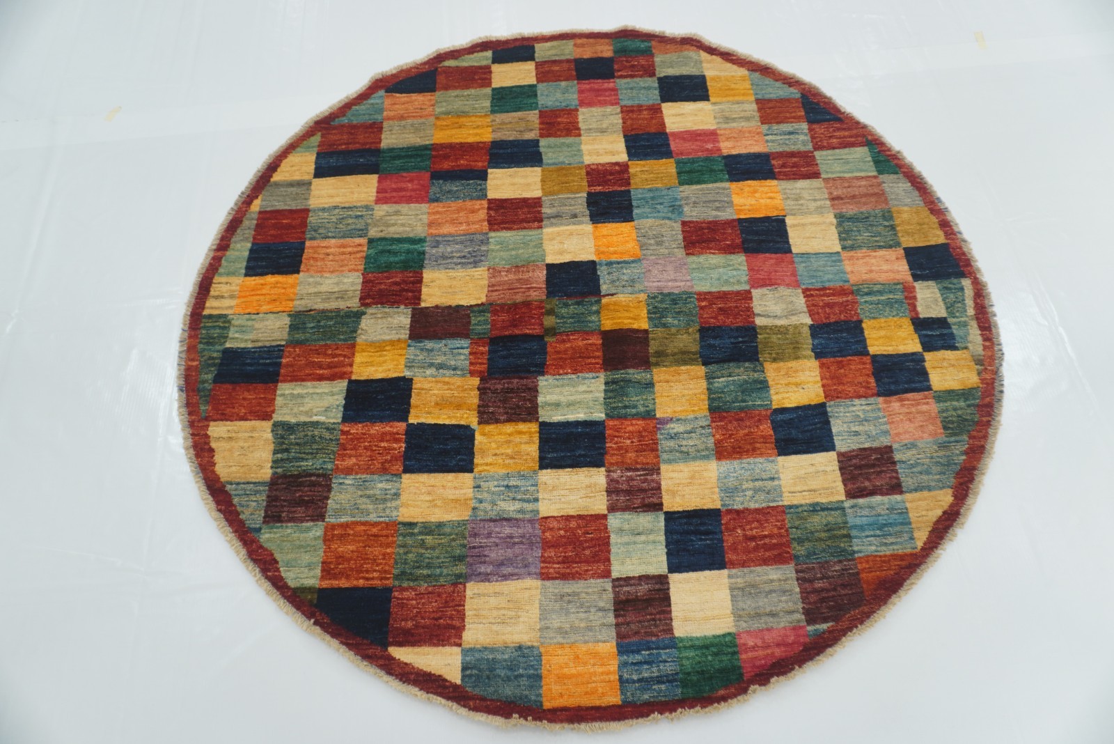 6×6 ft Multicolor Afghan Hand Knotted Checkered Round Rug