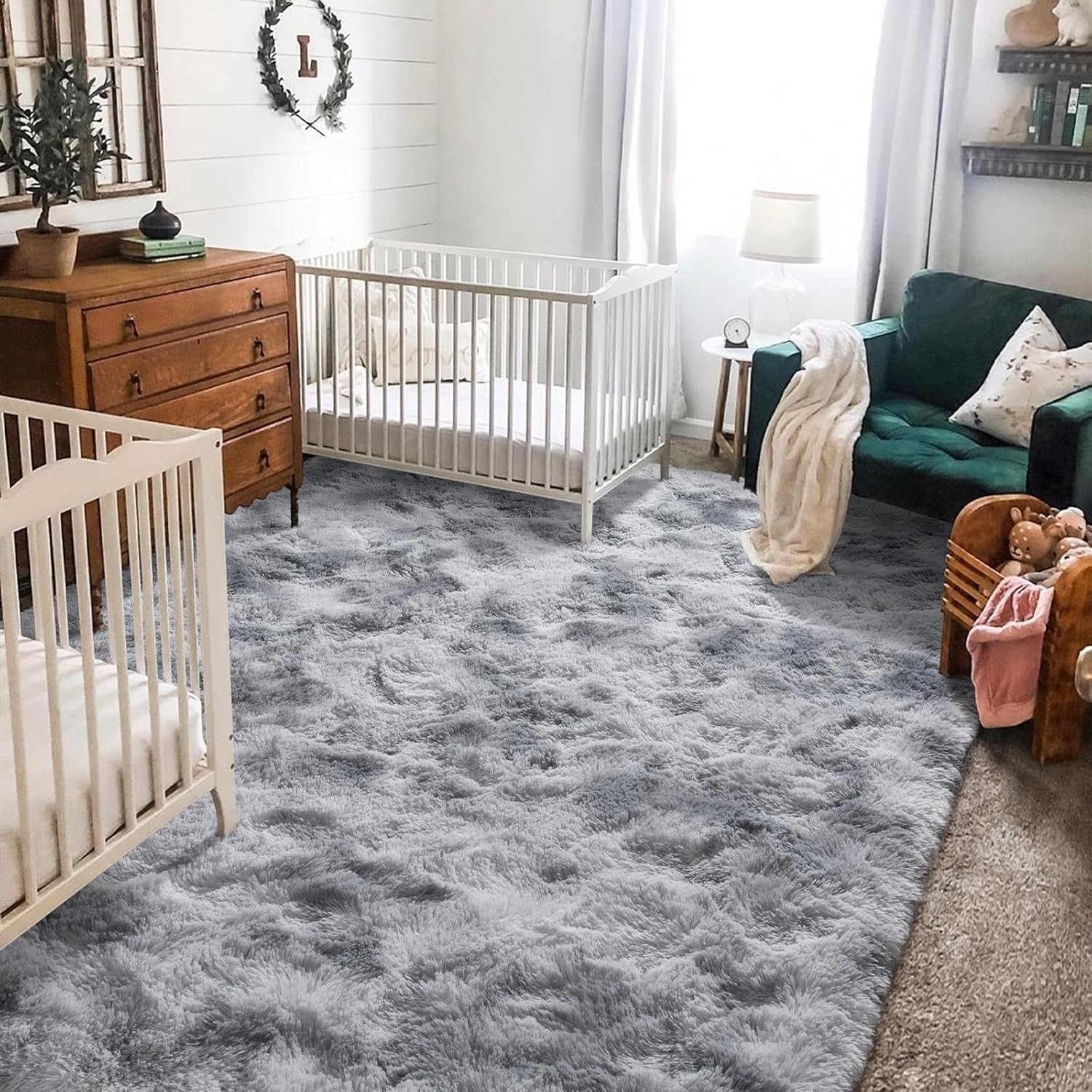 Fluffy Rugs for Living Room 5×8 Tie-dye Grey, Washable Large Area Rugs for Be…