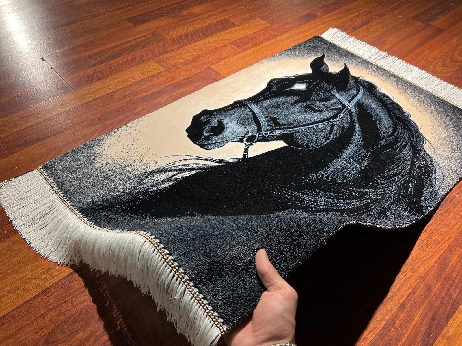 2×3 ft Horse Portrait Tapestry, Black Horse Wall Decor Silk Rug, Table Mat