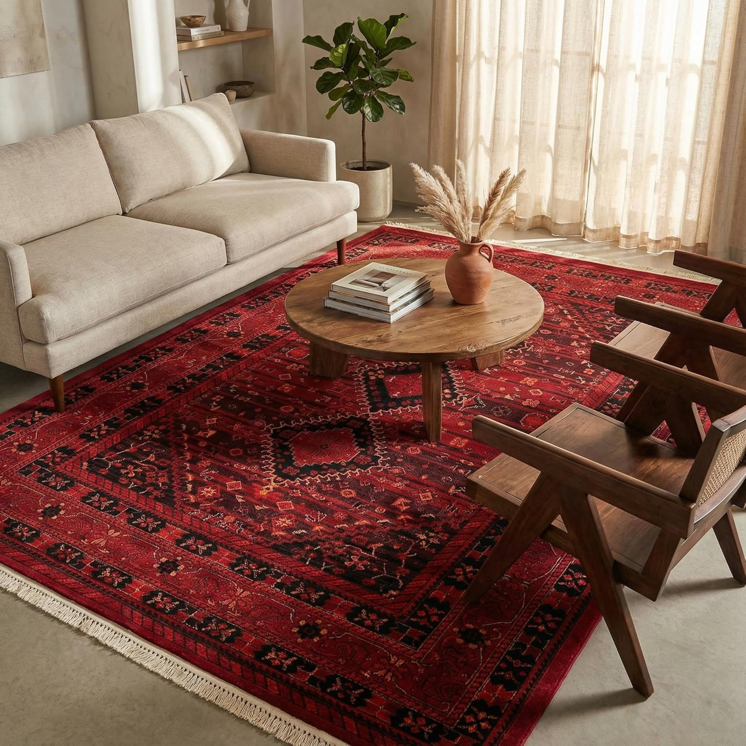 Sheibani Tekke Collection Area Rug – 6’1″ x 9′ Red/Black Rectangle
