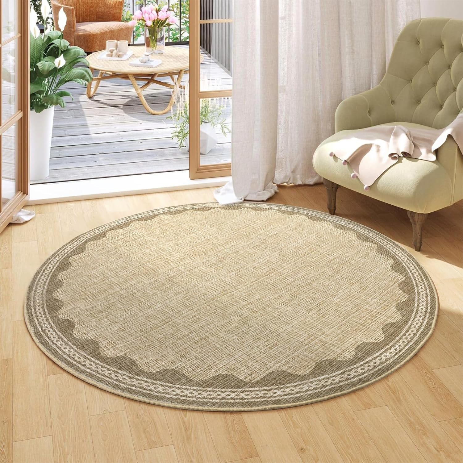 4 Ft Round Scalloped Jute Rug Washable Non-Slip Soft Modern Circle Carpet Tan