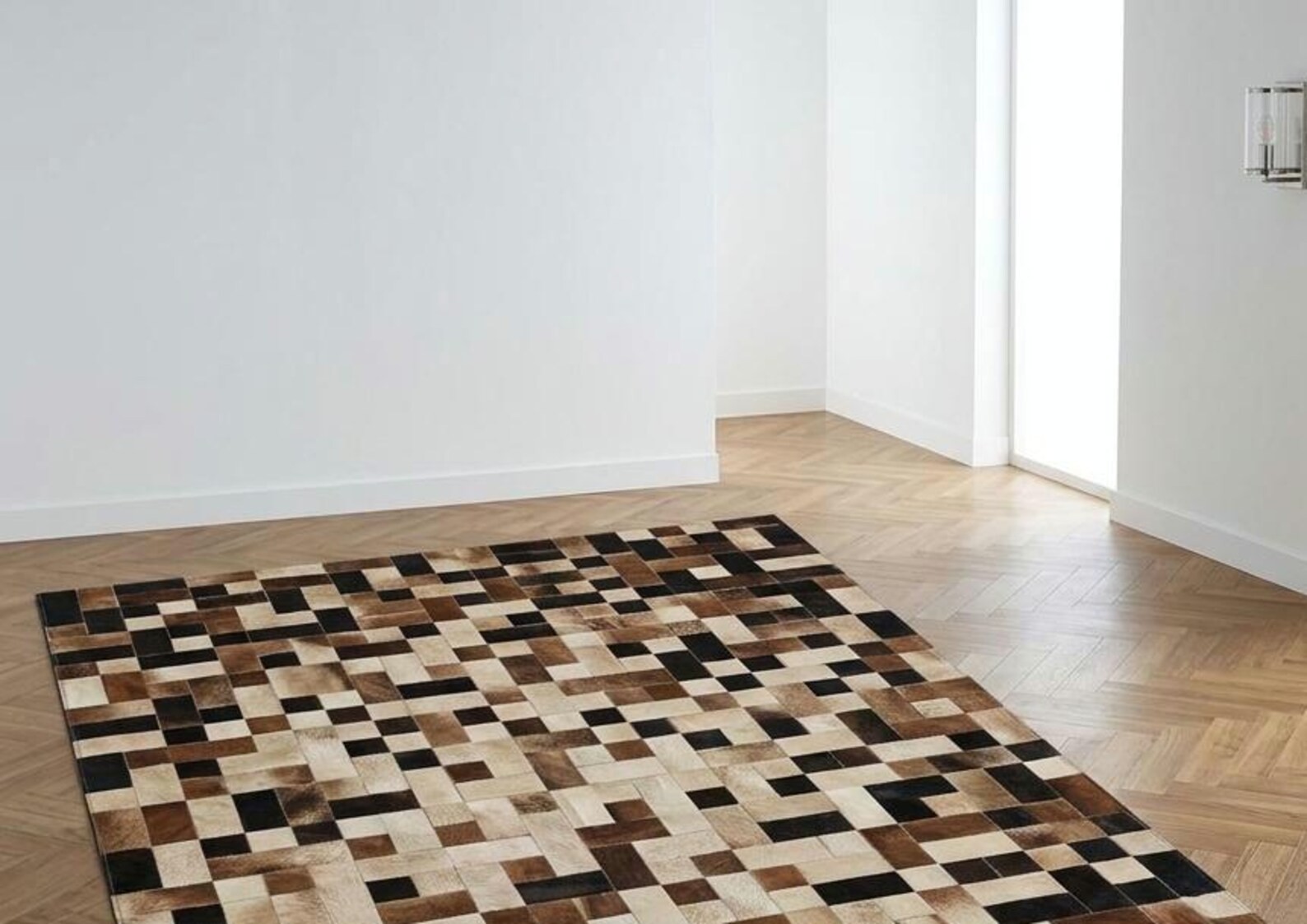 Handmade Genuine Cowhide Patchwork Area Rug | Modern Geometric Leather Carpet