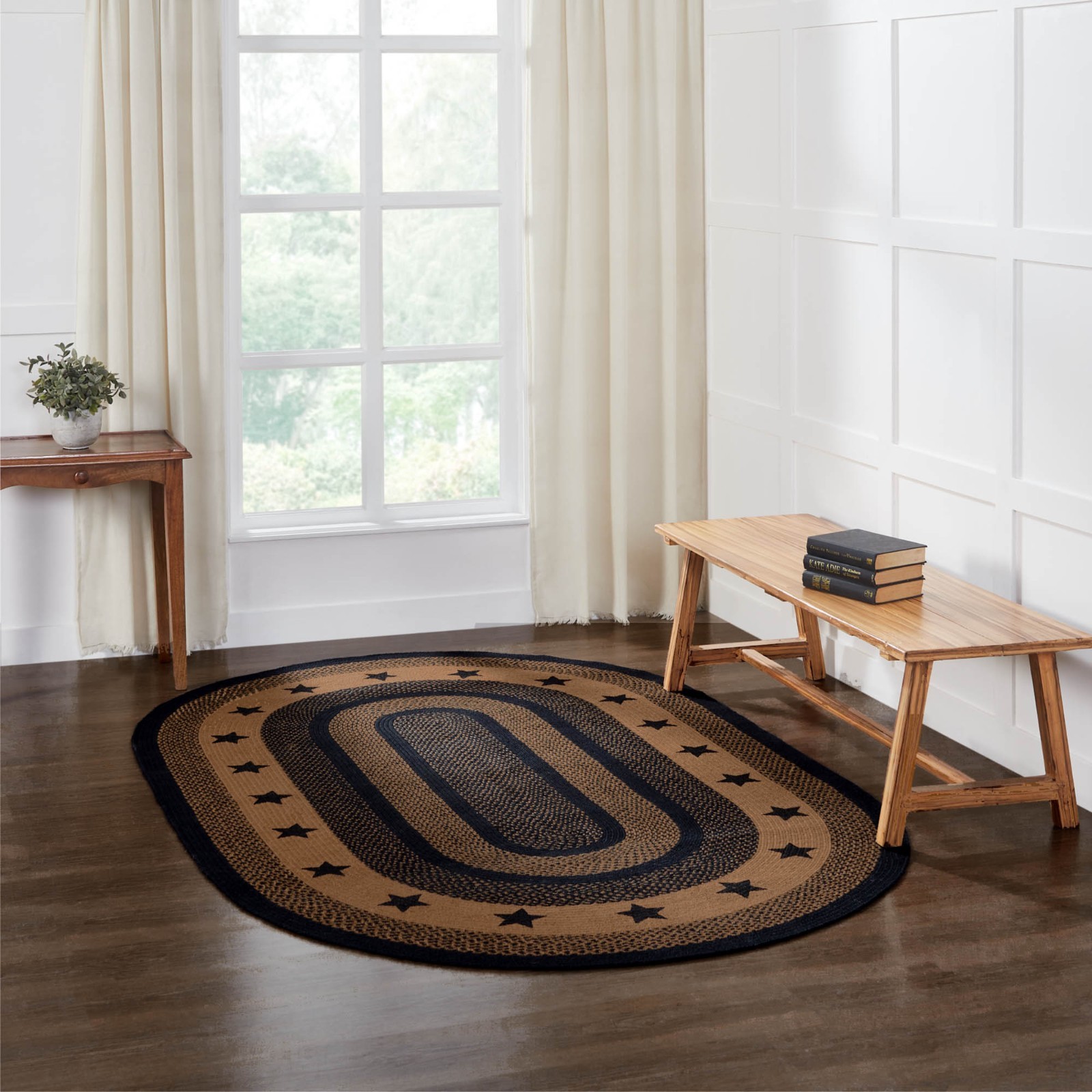 VHC Farmhouse Black Tan Stars Variegated Country Oval Braided Rug