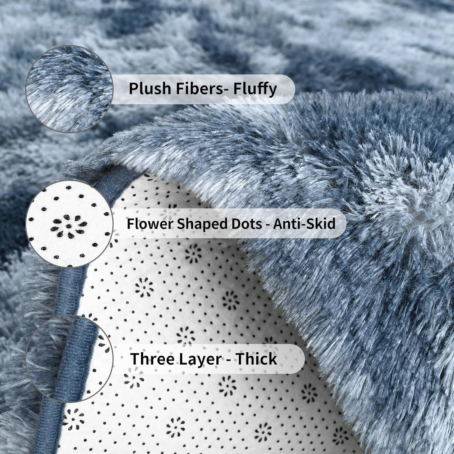 Large 6×9 Feet Tie-Dyed Blue Grey Shaggy Rug – Ultra Soft Plush Carpet