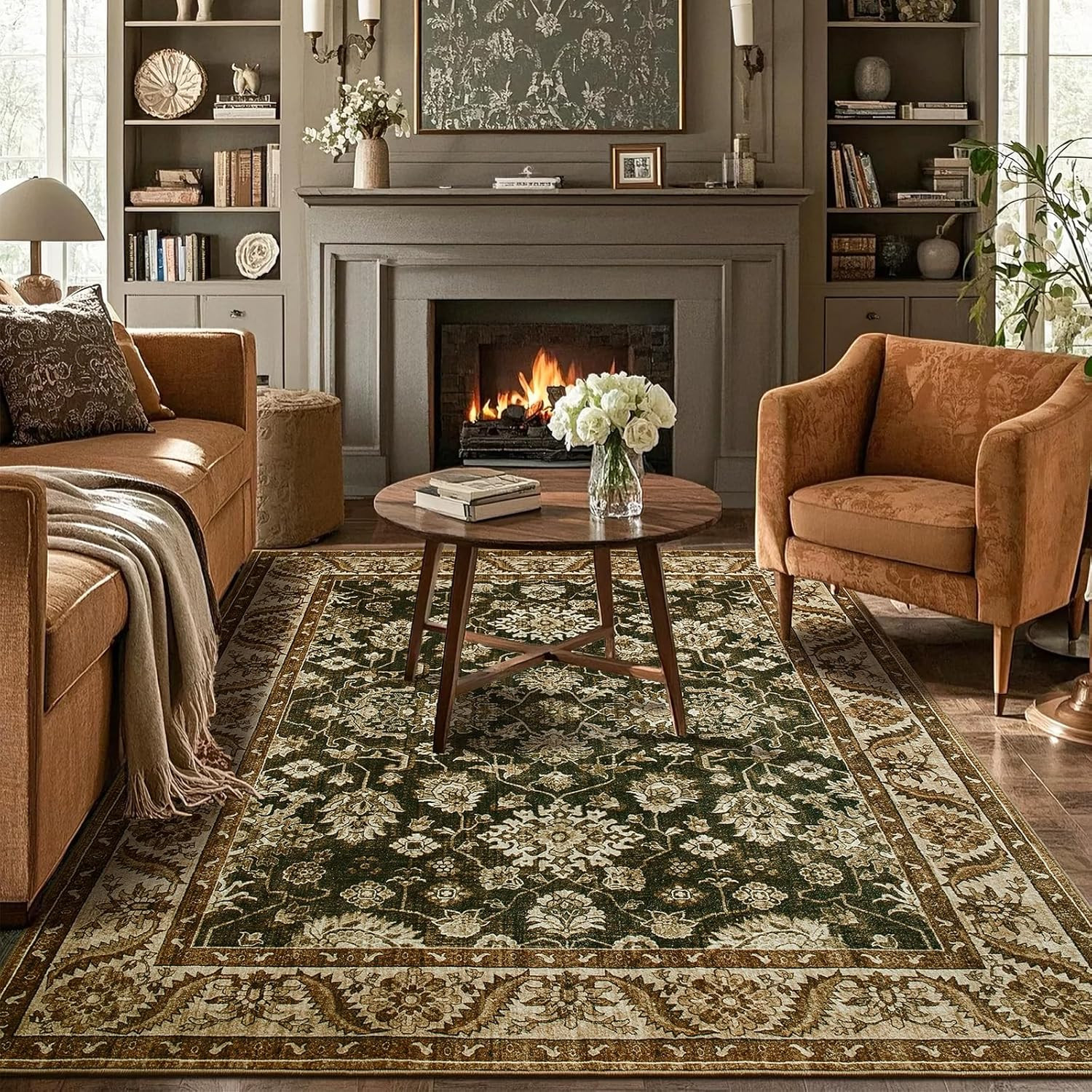 Retro Floral 8×10 Washable Area Rug, Non-Slip Carpet for Home & Office