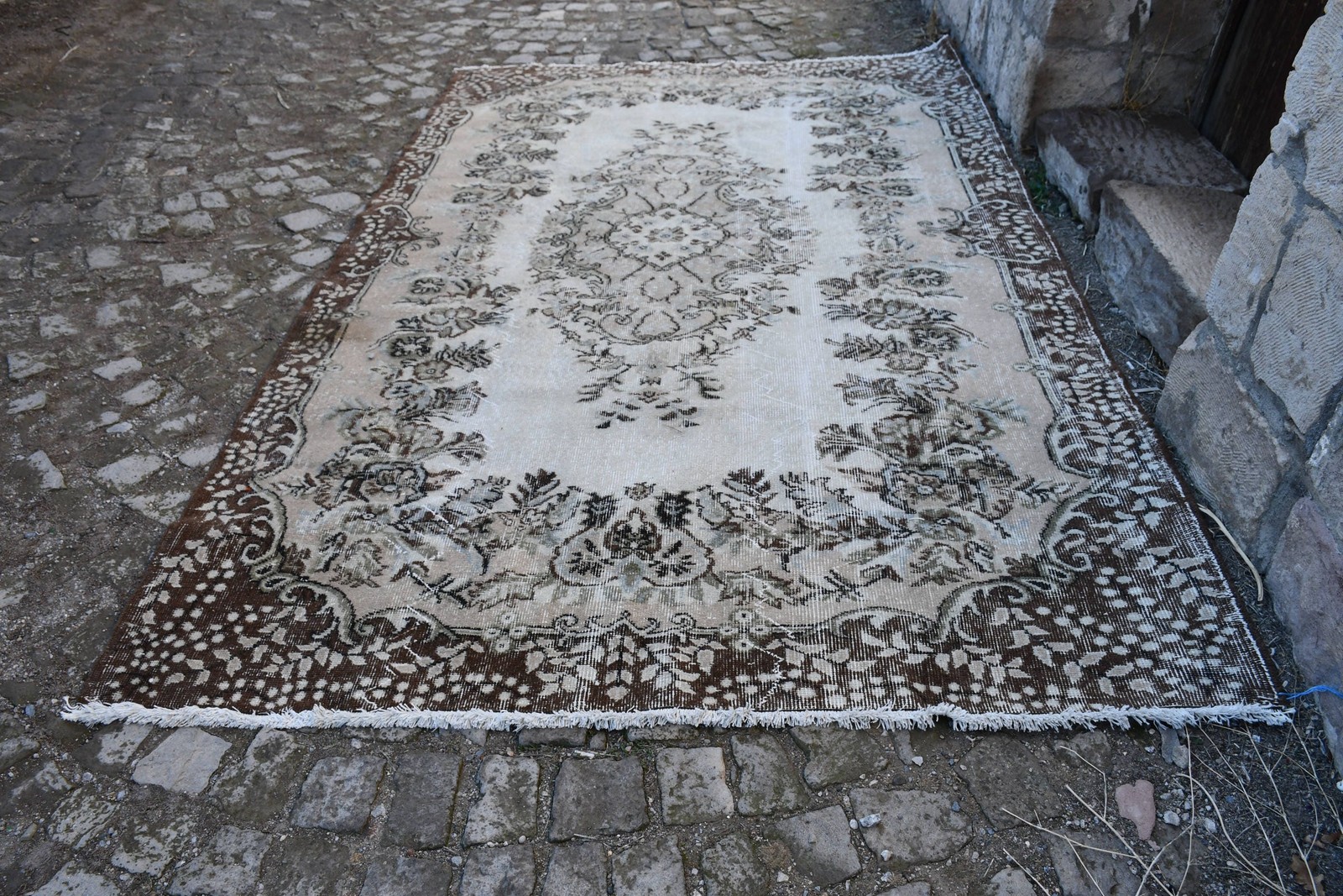 Turkish Rug, 5,6×9,3 ft Large Vintage Rug, Brown White Oriental Rug