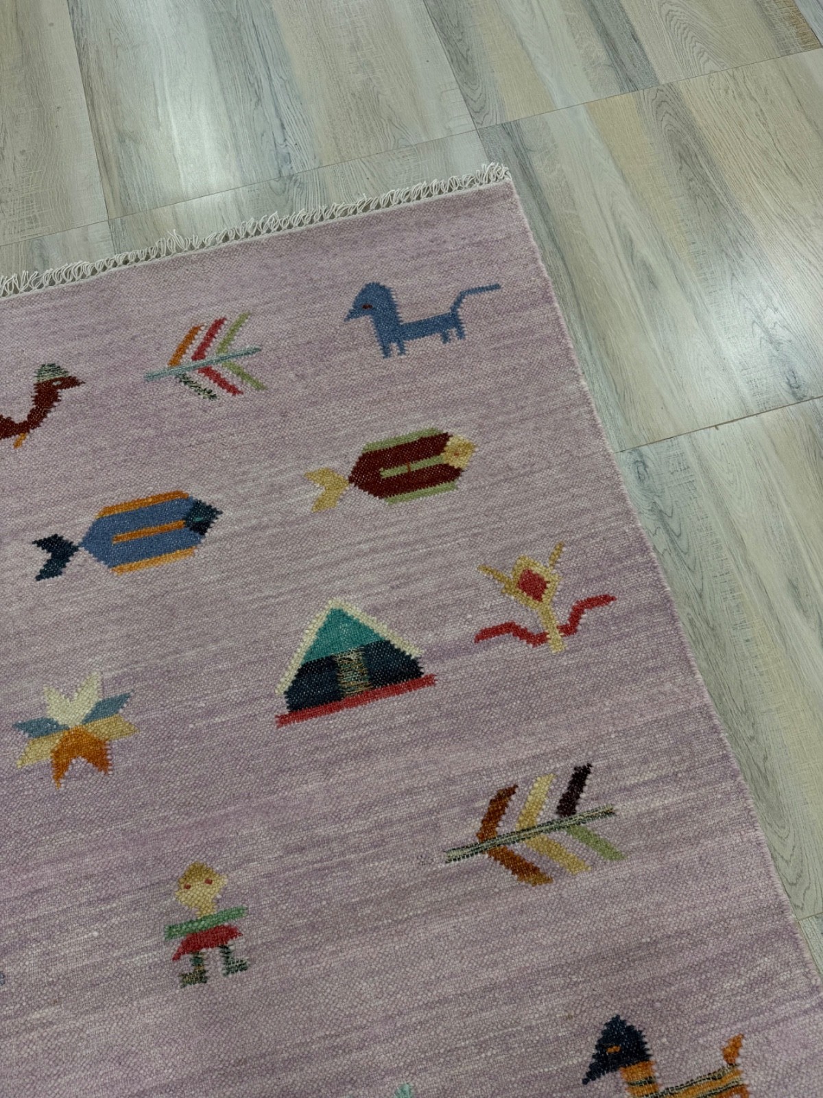 Tribal Handwoven Wool Rug 4×6 Lavender Flatweave Scandinavian Folk Art Kilim Rug