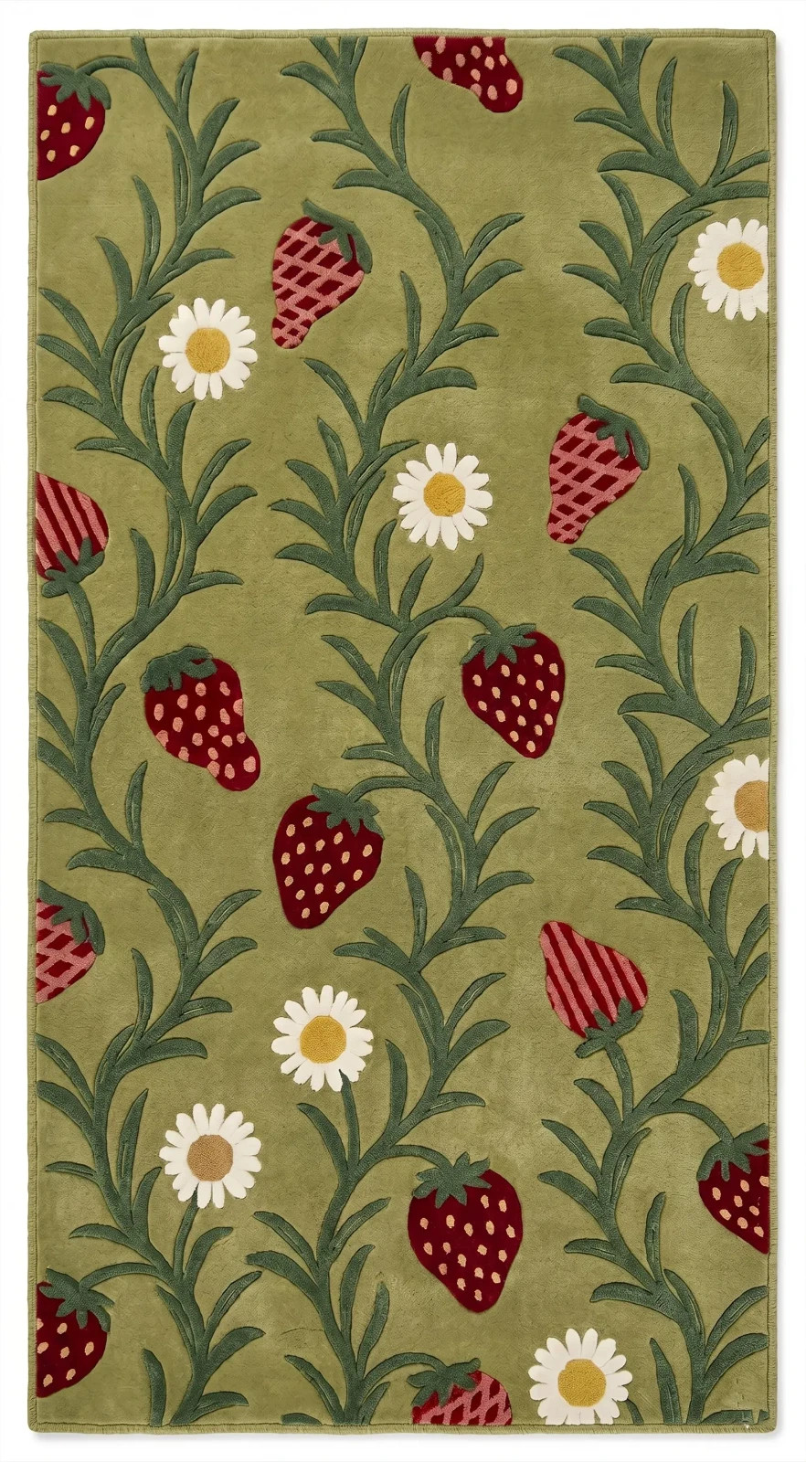 Modern Abstract Hand Tufted Wool Sage Green Strawberry and Daisy Floral Area Rug