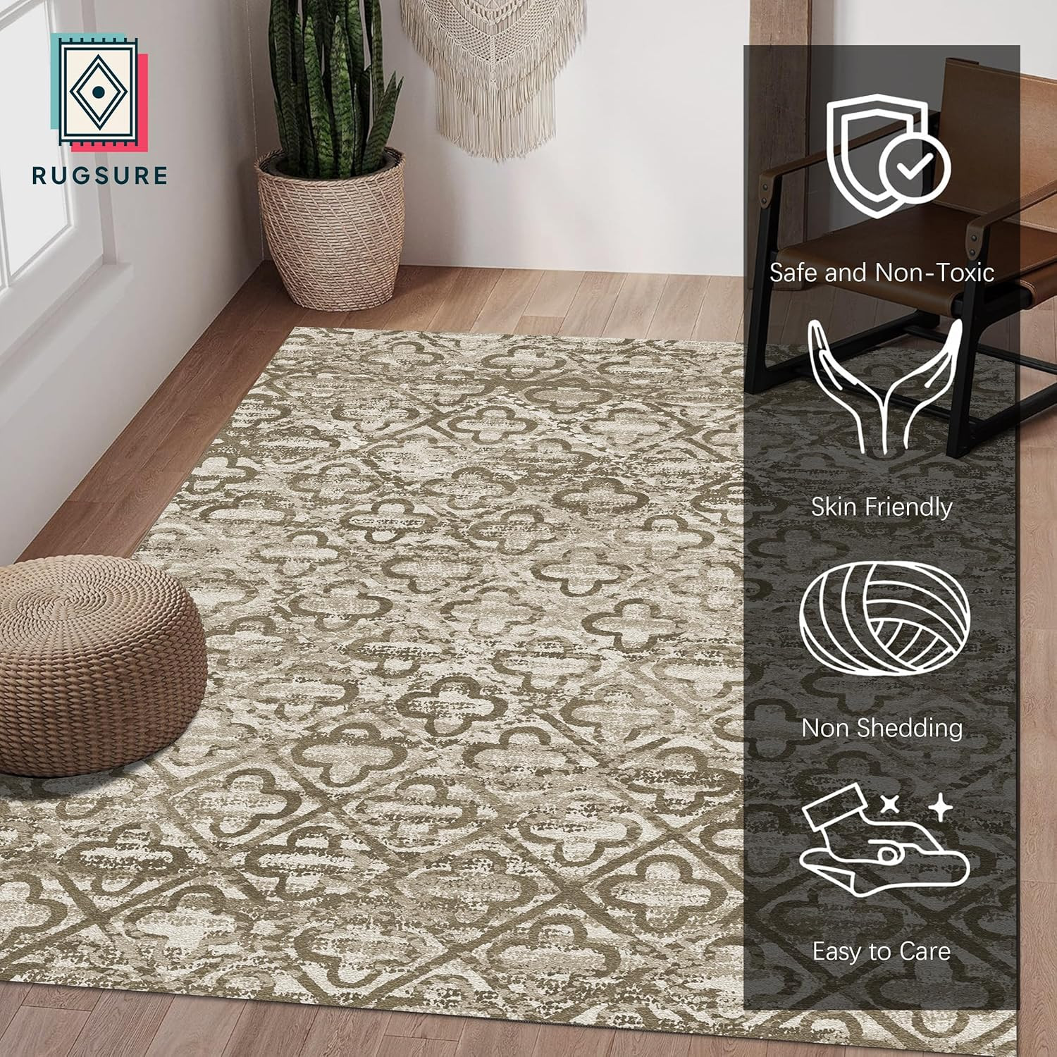 Washable Area Rugs, 3′ x 5 ‘ – 1/6 Thick – Stain & Water Resistant Non-Slip – Pe