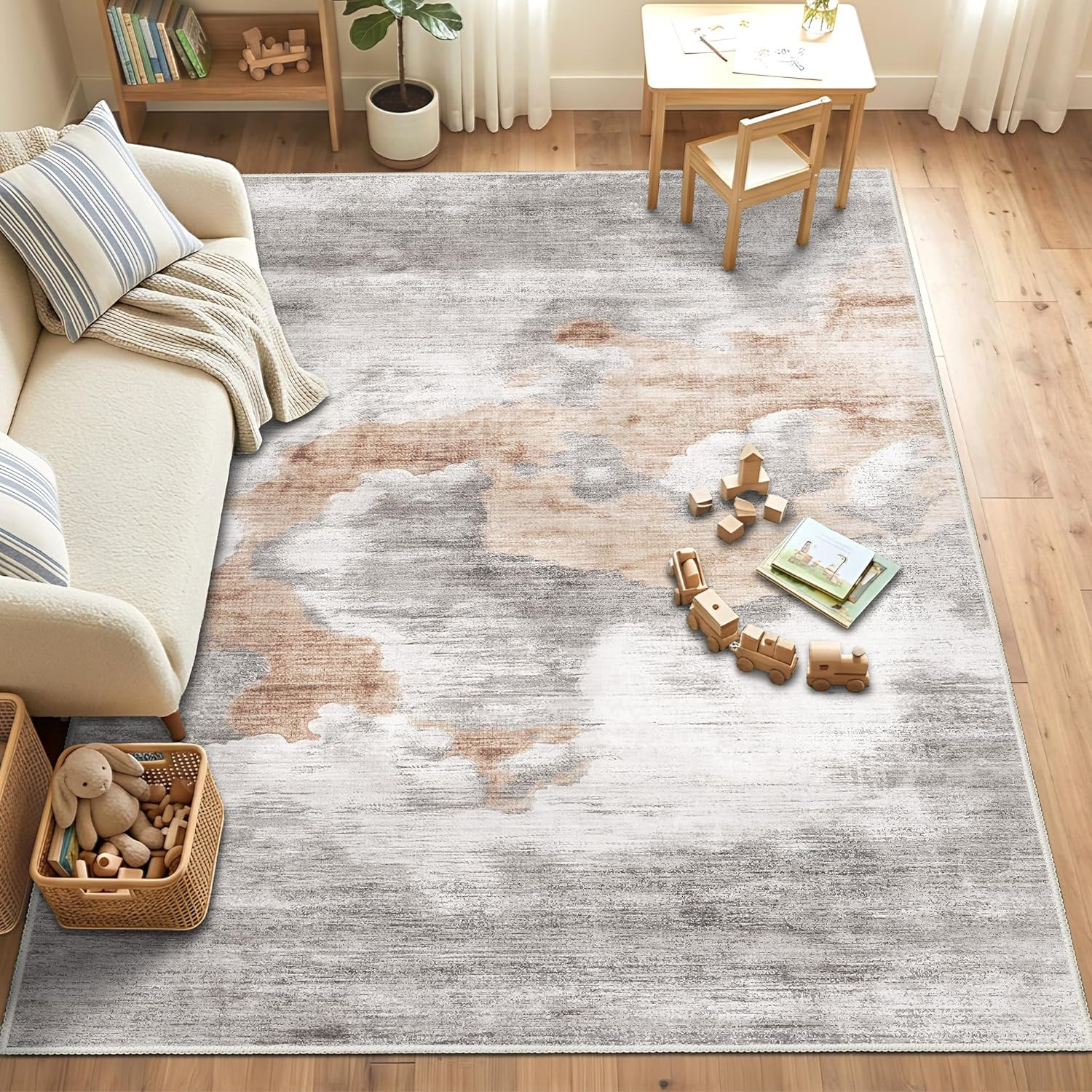 Modern Grey 5×7 Washable Area Rug – Non-Slip Abstract Marble Design