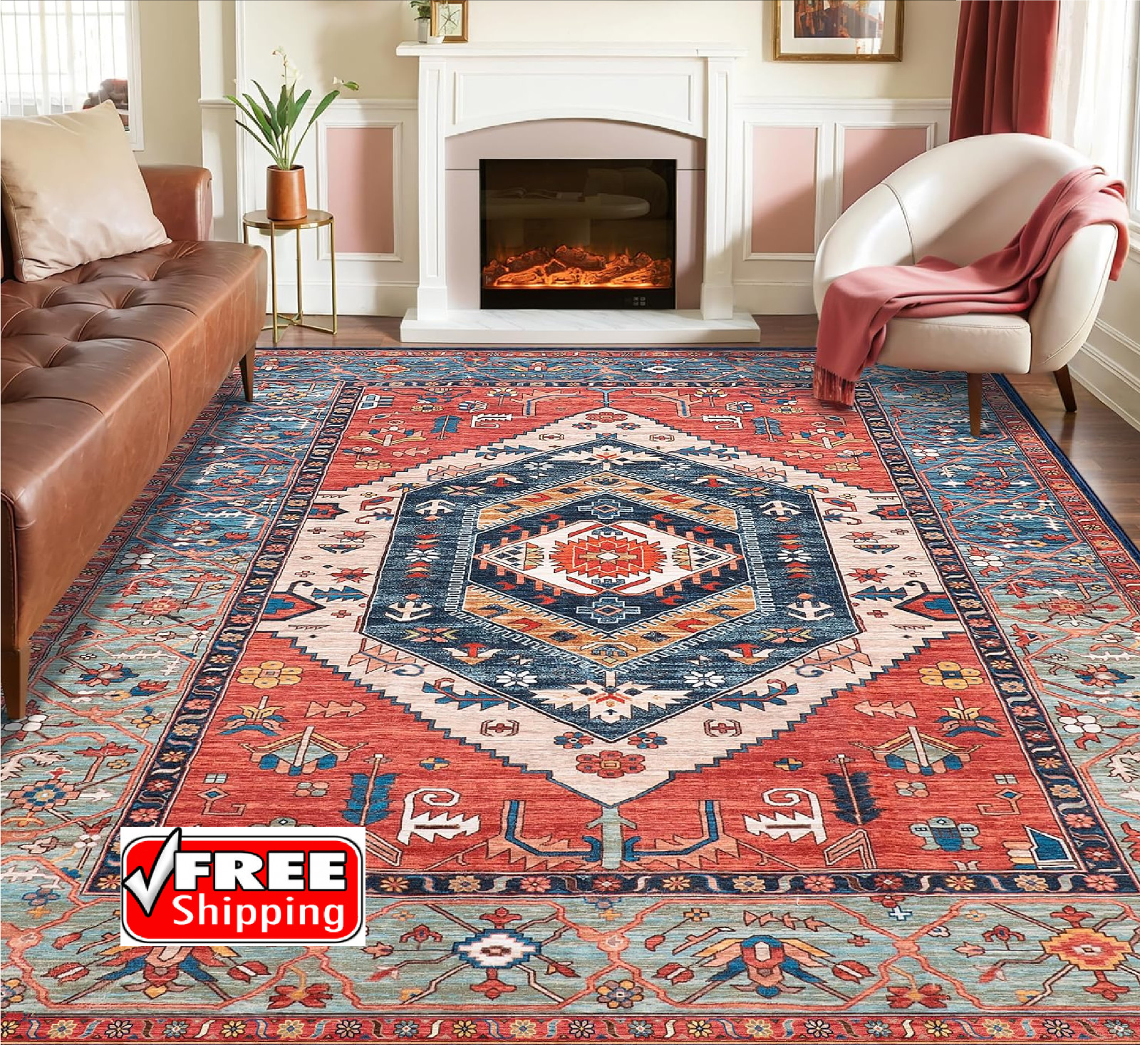 SERISSA Washable Rugs 8×10 Area Rugs, Large Non-Slip Boho Living Room Rust Rug,