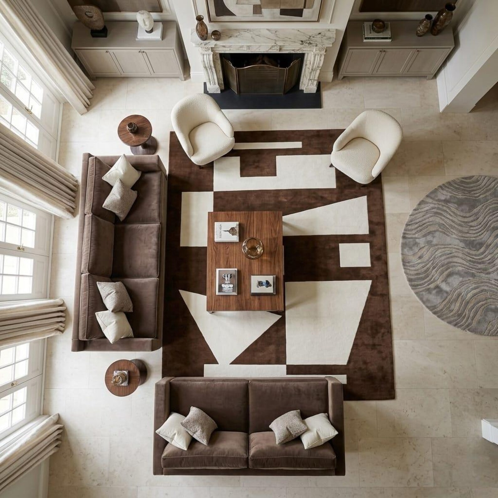 Modern Abstract Brown Wool Rug Cream Geometric Hand Tufted Living Room Carpet