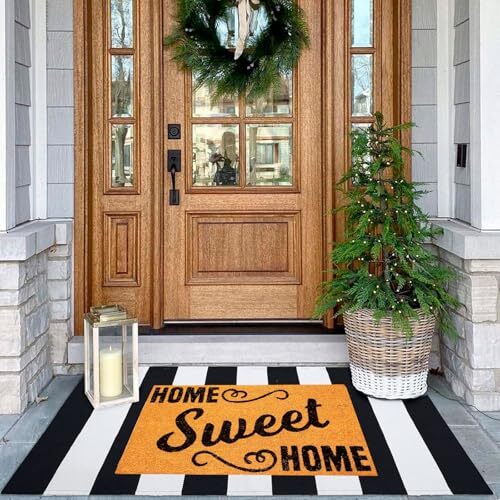 Striped Rug Outdoor Porch Rug Black and White 27.5×43 inches Washable Layered…