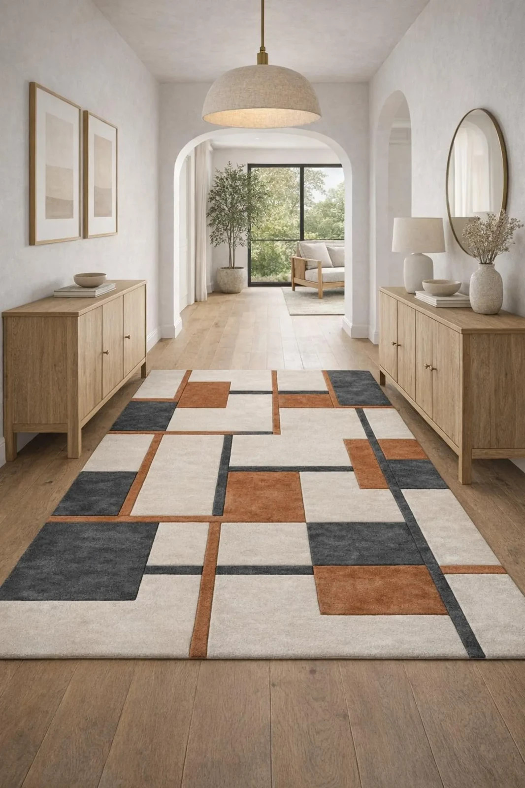 Hand Tufted Wool Area Rug | Modern Geometric Tiles, Rust Black Beige Carpet.