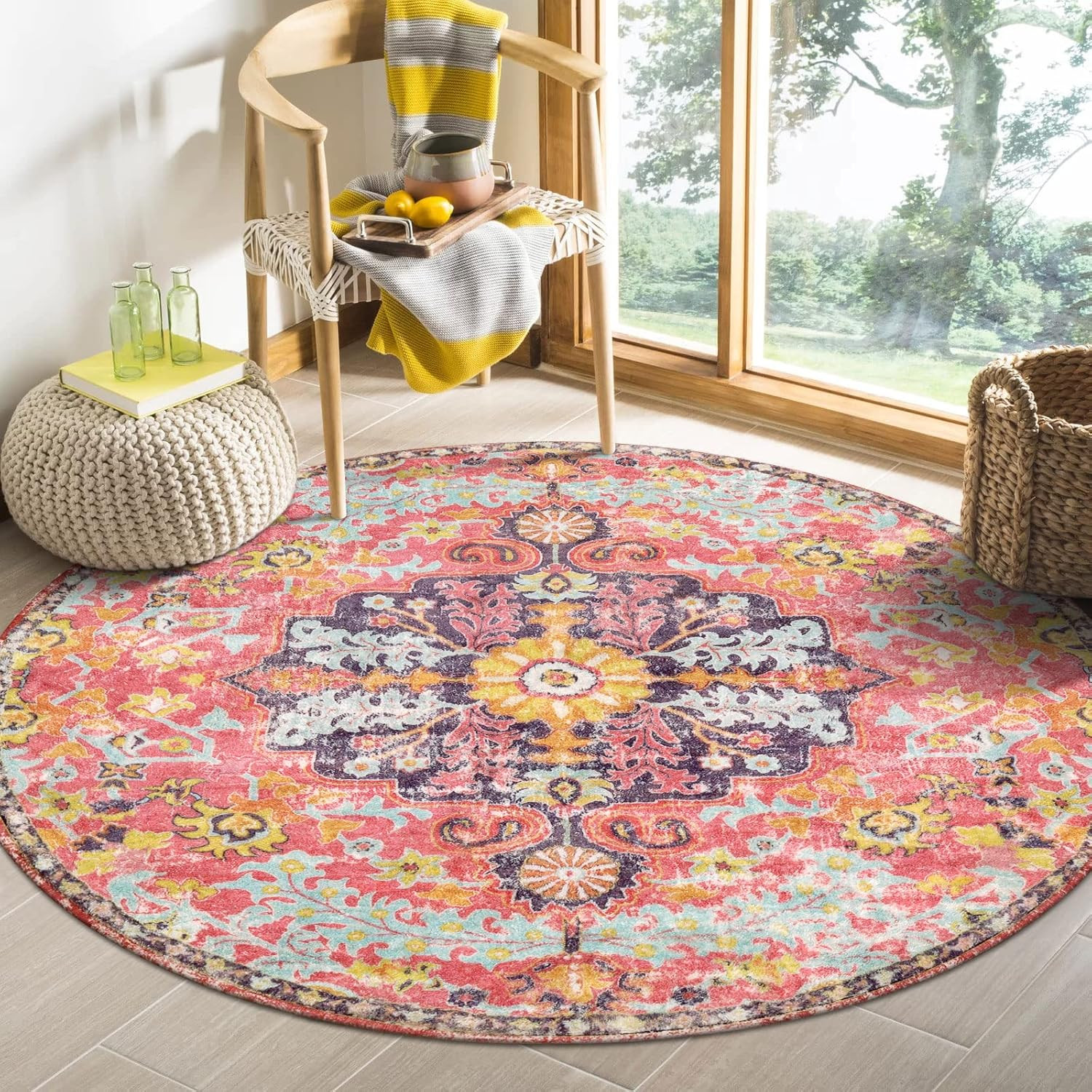 Bohemian Floral Medallion round Rug – 4Ft Hot Pink Soft round Area Rug Bedroom K