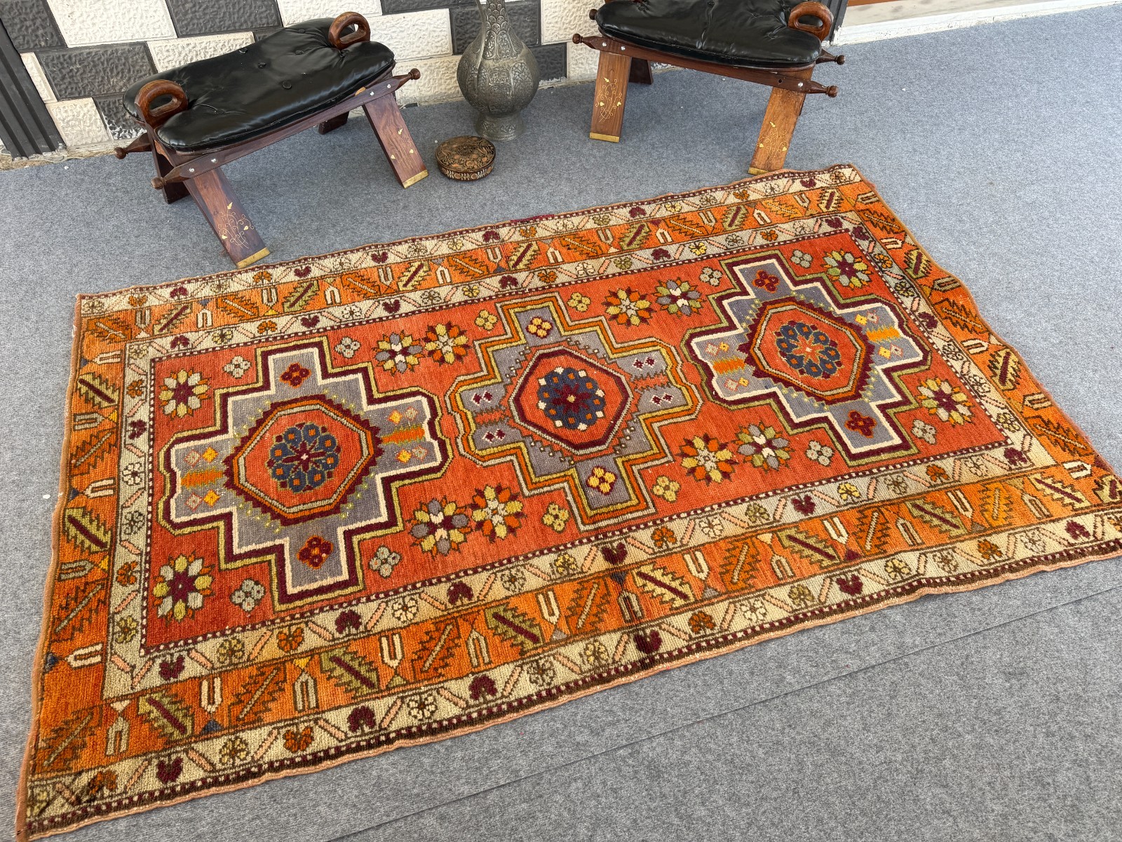 Vintage Caucasian Rug 4×7 Handmade Wool Rug Geometric Tribal Medallion Kazak Rug