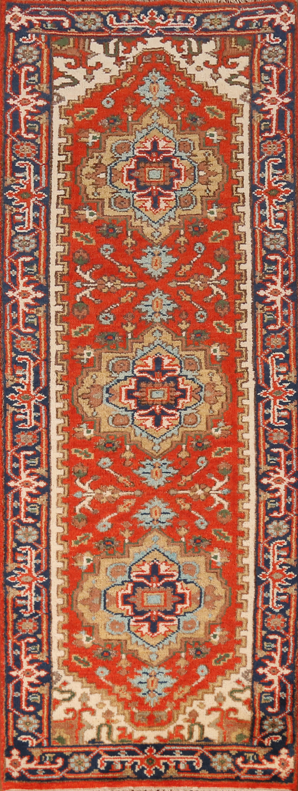 Orange Heriz Serapi Beauty Hand-Knotted Runner Rug Indian Carpet in Wool 3×8 ft