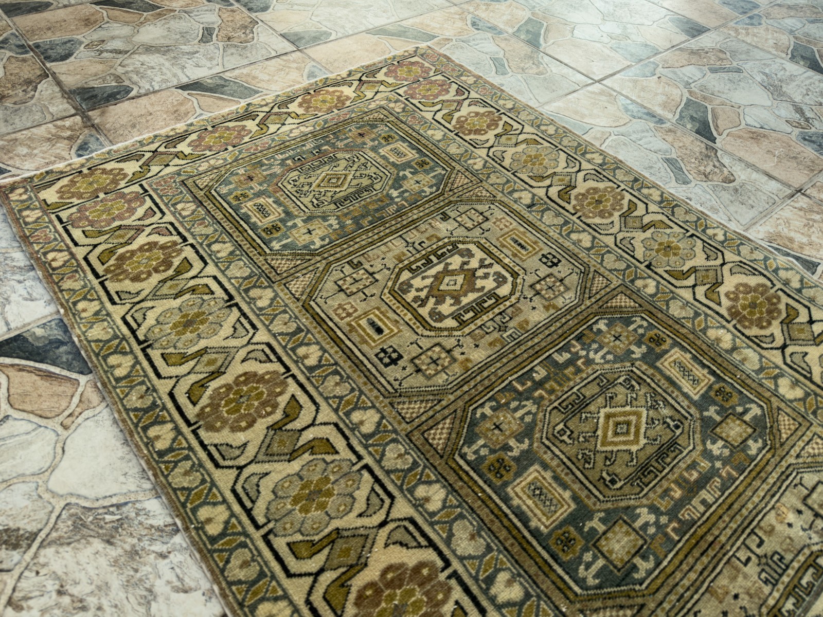 1980s Geometric Turkish Vintage Small Rug Tribal Handmade Anatolian Wool 3×6 ft