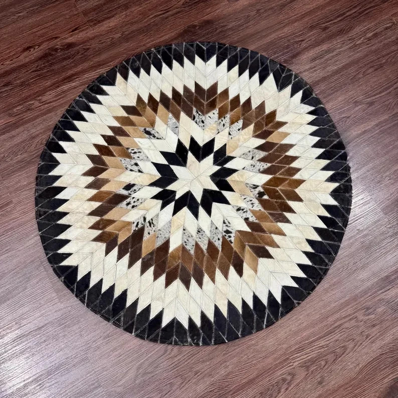 Round Cowhide Patchwork Rug Handmade Hair On Leather Western Area Rug Rustic