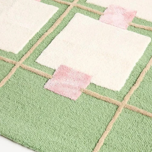 Modern Geometric Green Rug – Hand-Tufted Abstract Check Design Carpet, Handmade