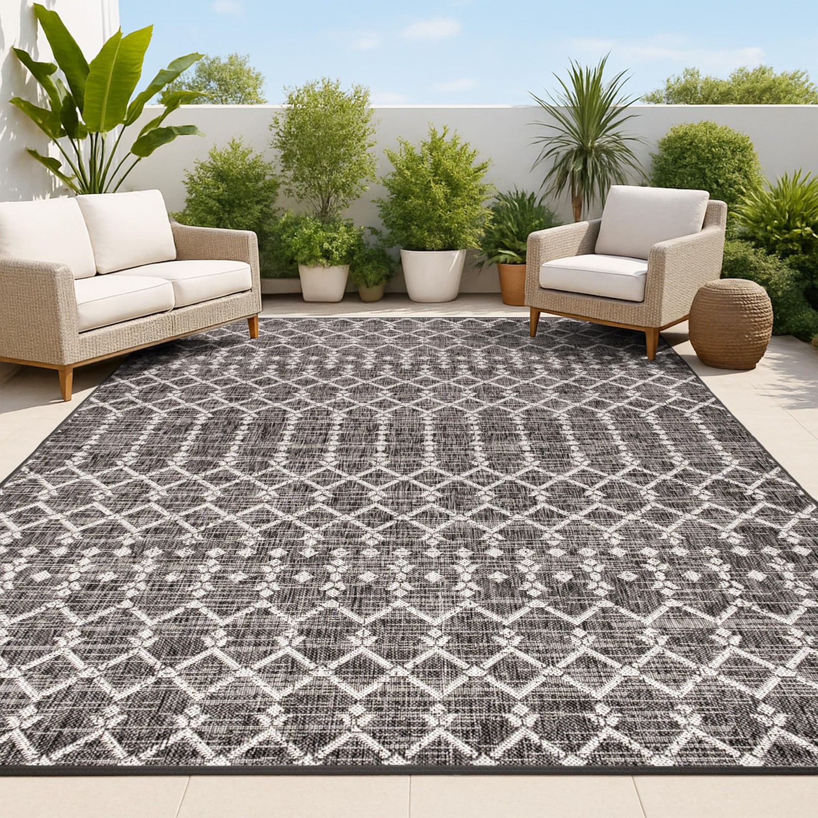 Moroccan Geometric Indoor Outdoor Area Rug 3X5 Black/Gray, Ourika Textured We…