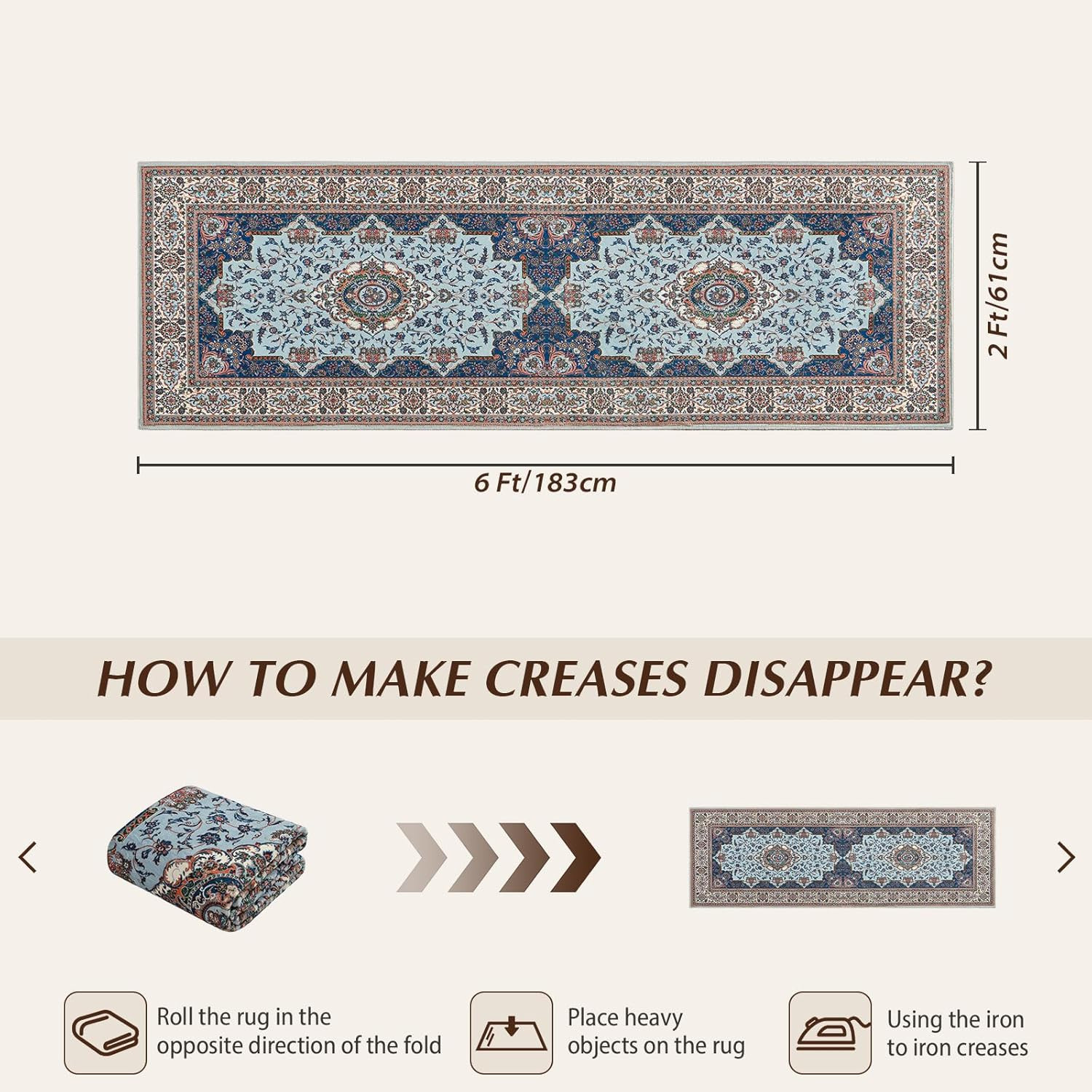 Runner Rug for Bedroom, 2x6Ft Machine Washable Area Rugs, Vintage Non-Slip Low P