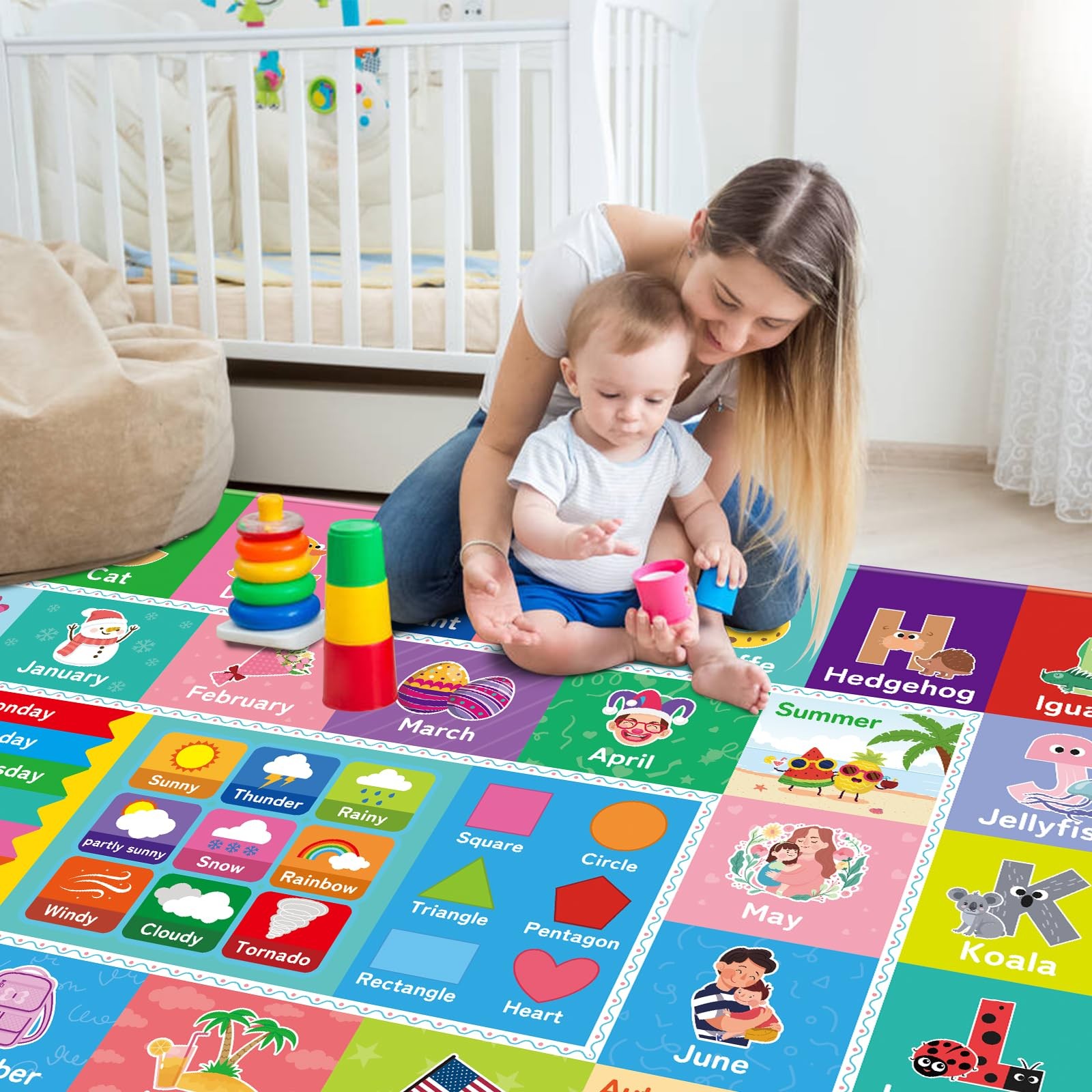 Kids Rug 59X39.4 Inches ABC Alphabet Weather Shapes Educational Mat – Playroom
