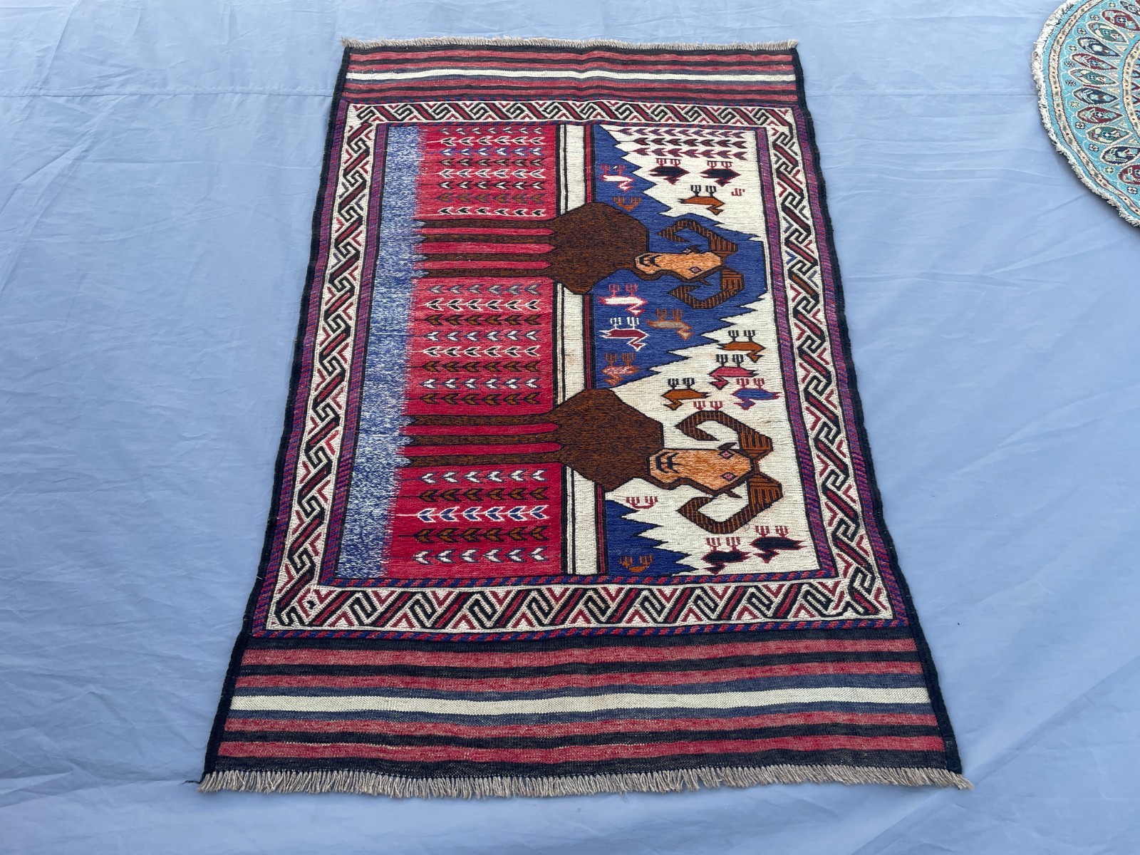 2×4 Pictorial Afghan Animal Rug Handmade Wool Tribal Ram Wall Carpet.