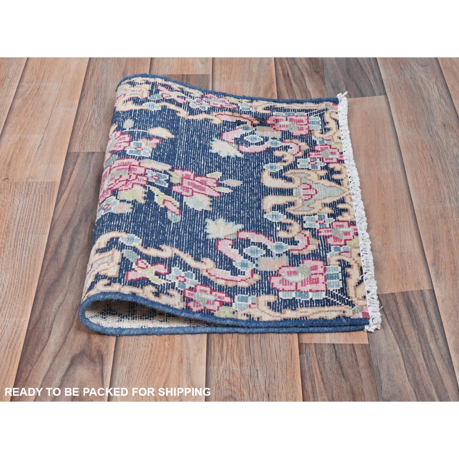 1’6″x2’1″ Blue Worn Wool Hand Knotted Vintage Farsian Karman Mat Rug R81954