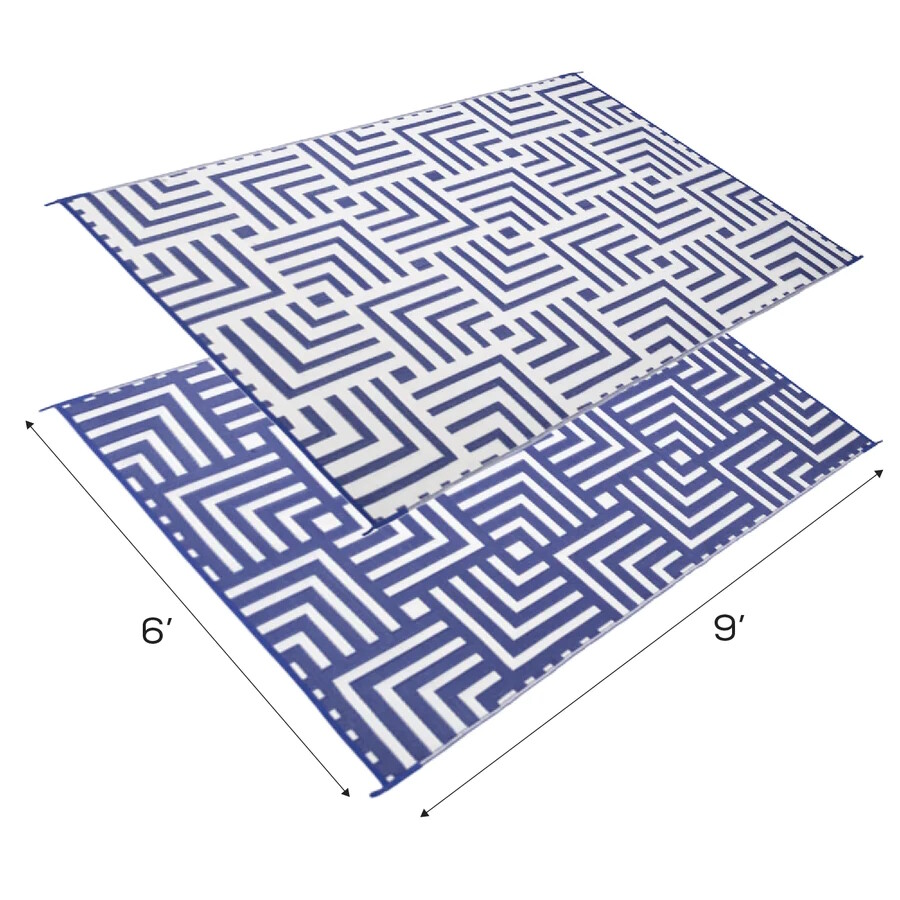 Navy Blue Beige Geometric 6 x 9 ft Outdoor Patio RV Mat Reversible Rug Foldable