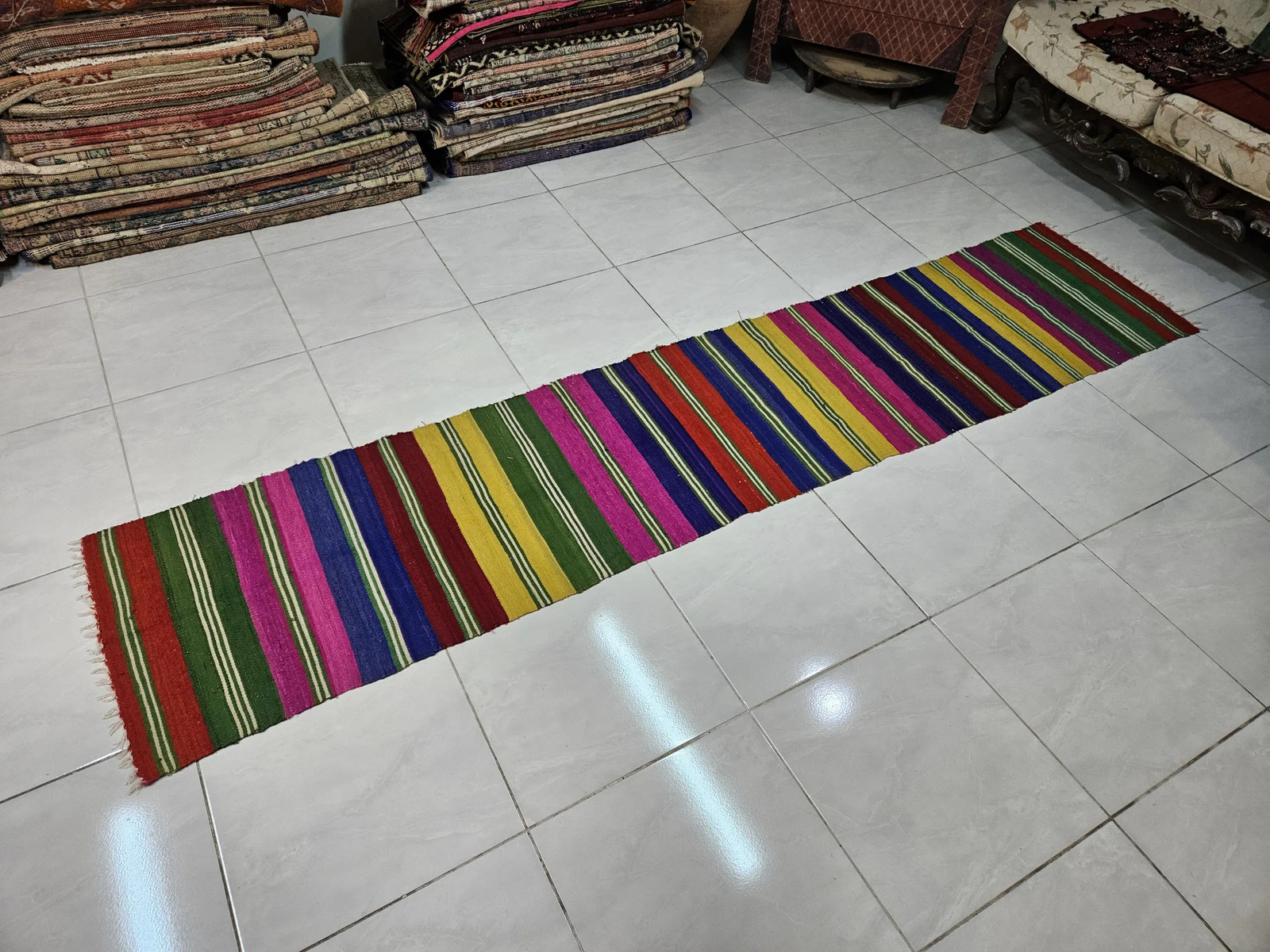 Vintage Turkish Kilim Runner: 1.9 x 9.3 ft, Colorful Striped Wool Flatweave Rug