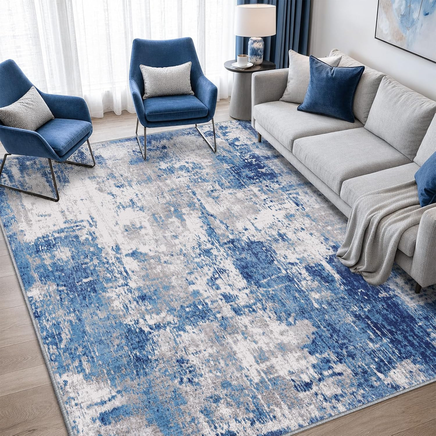 Washable 5’X7′ Abstract Area Rug for Living Room Blue Gray | Carpet for Bedroom,