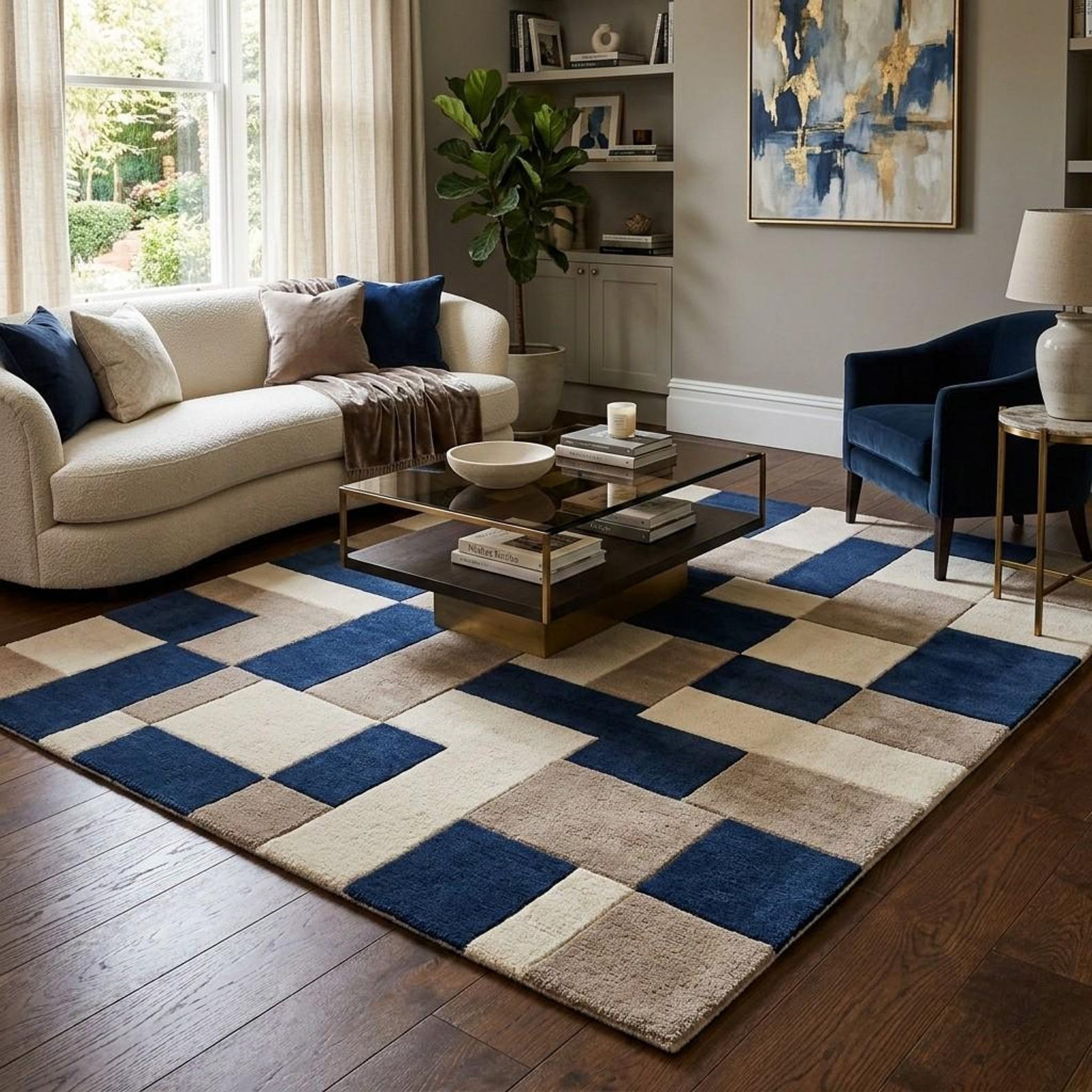 Luxury Hand Tufted Rug Navy Checkered 3D Textured Wool Carpet Modern Living Room