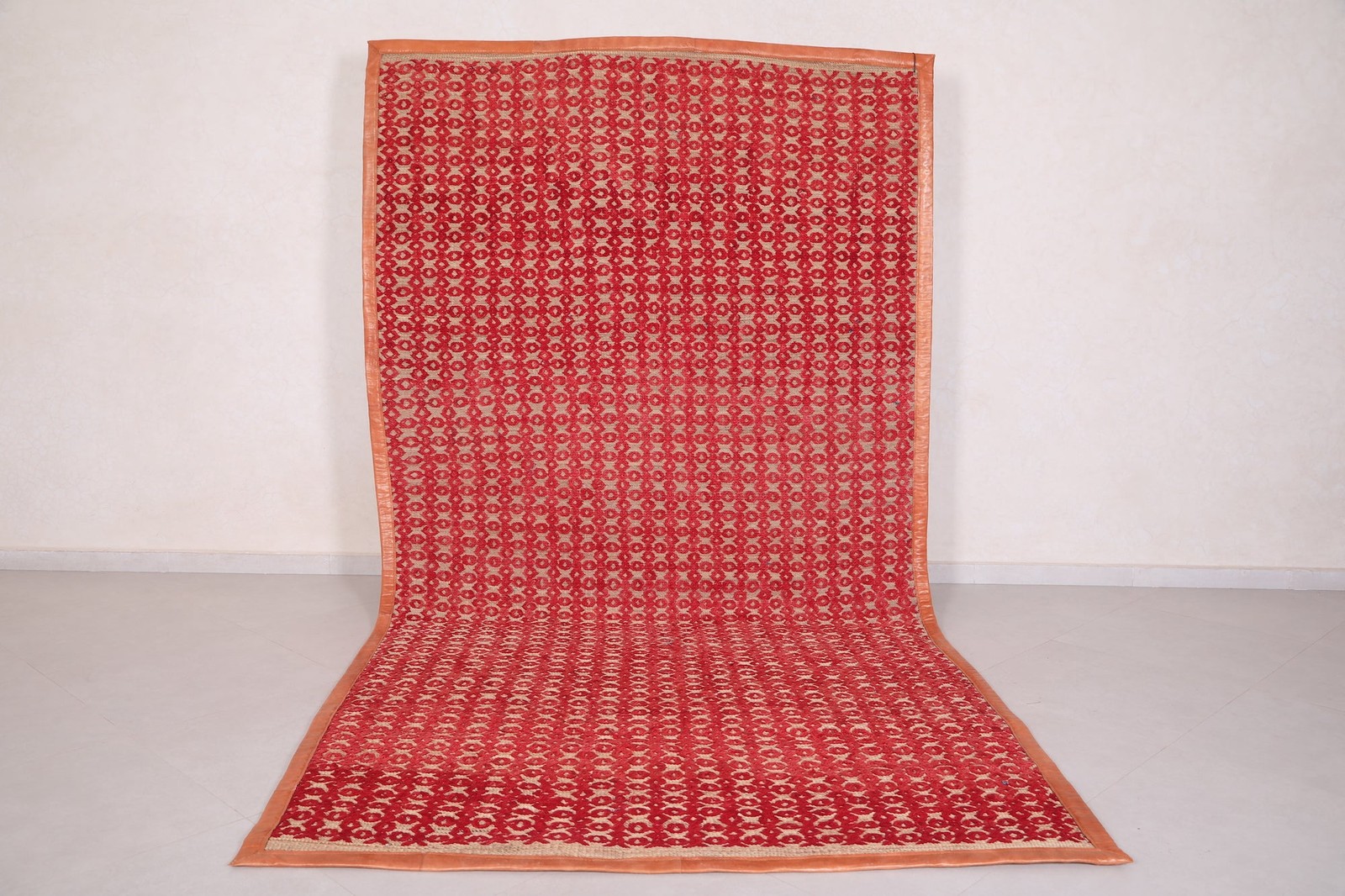 Moroccan Hassira Rug – 5.9 x 11.3 Feet | Red & Beige Intricate Design