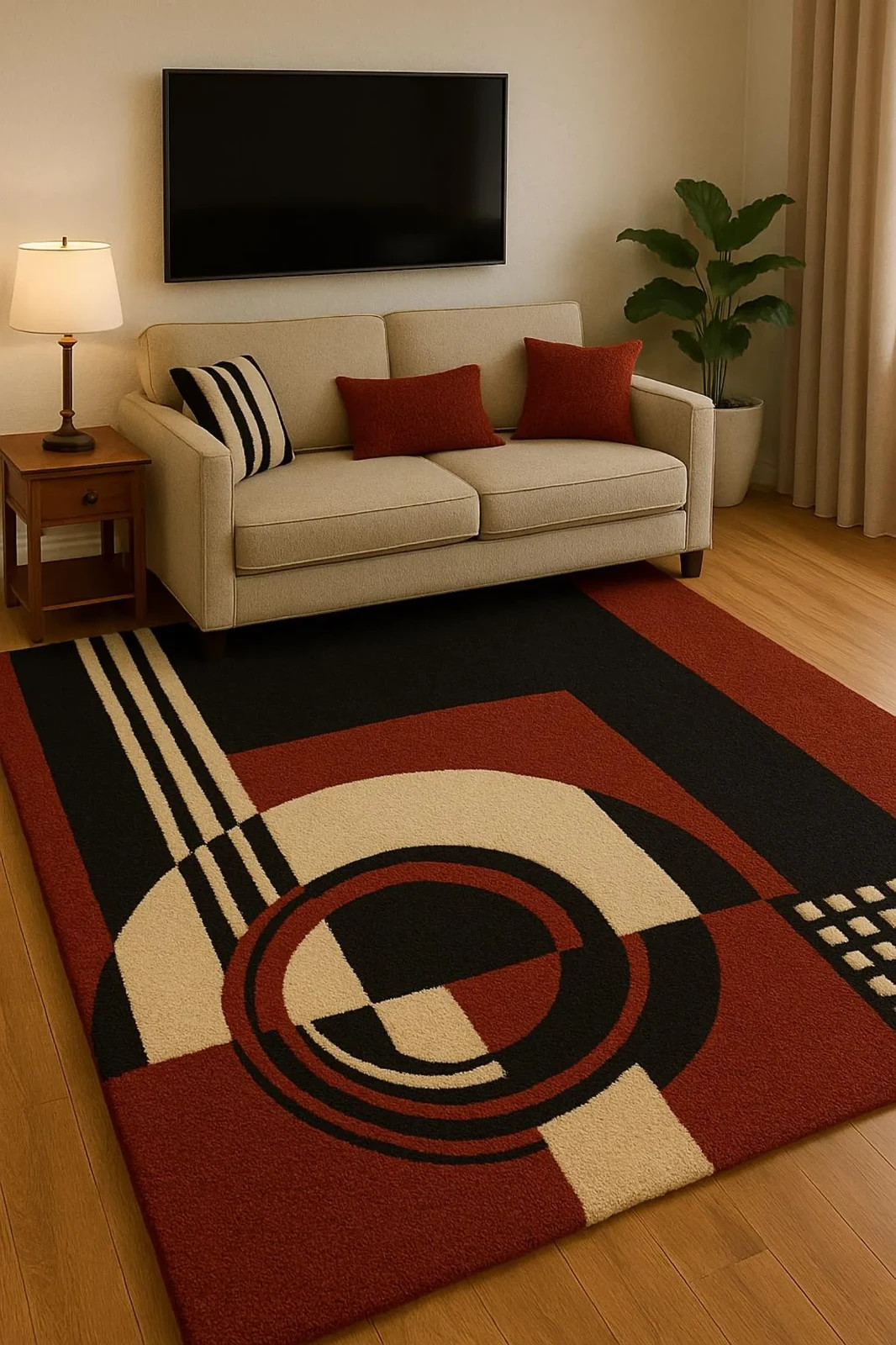Modern Geometric Hand-Tufted Rug – Red, Black & Cream | Art Deco Style | Premium