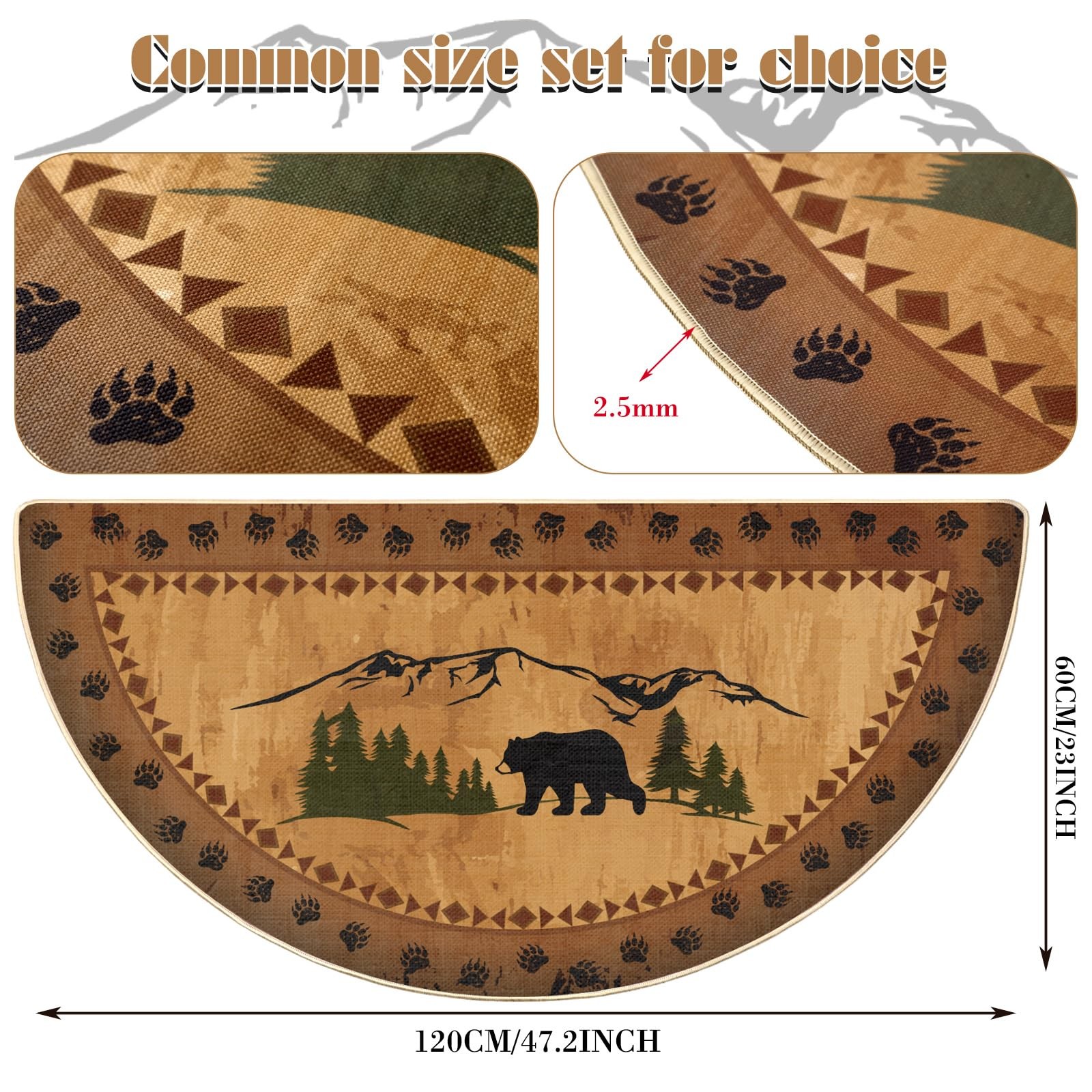 Winter Bear Hearth Rug for Fireplace Mat Non-Slip Rustic Cabin Half Round 24×47″