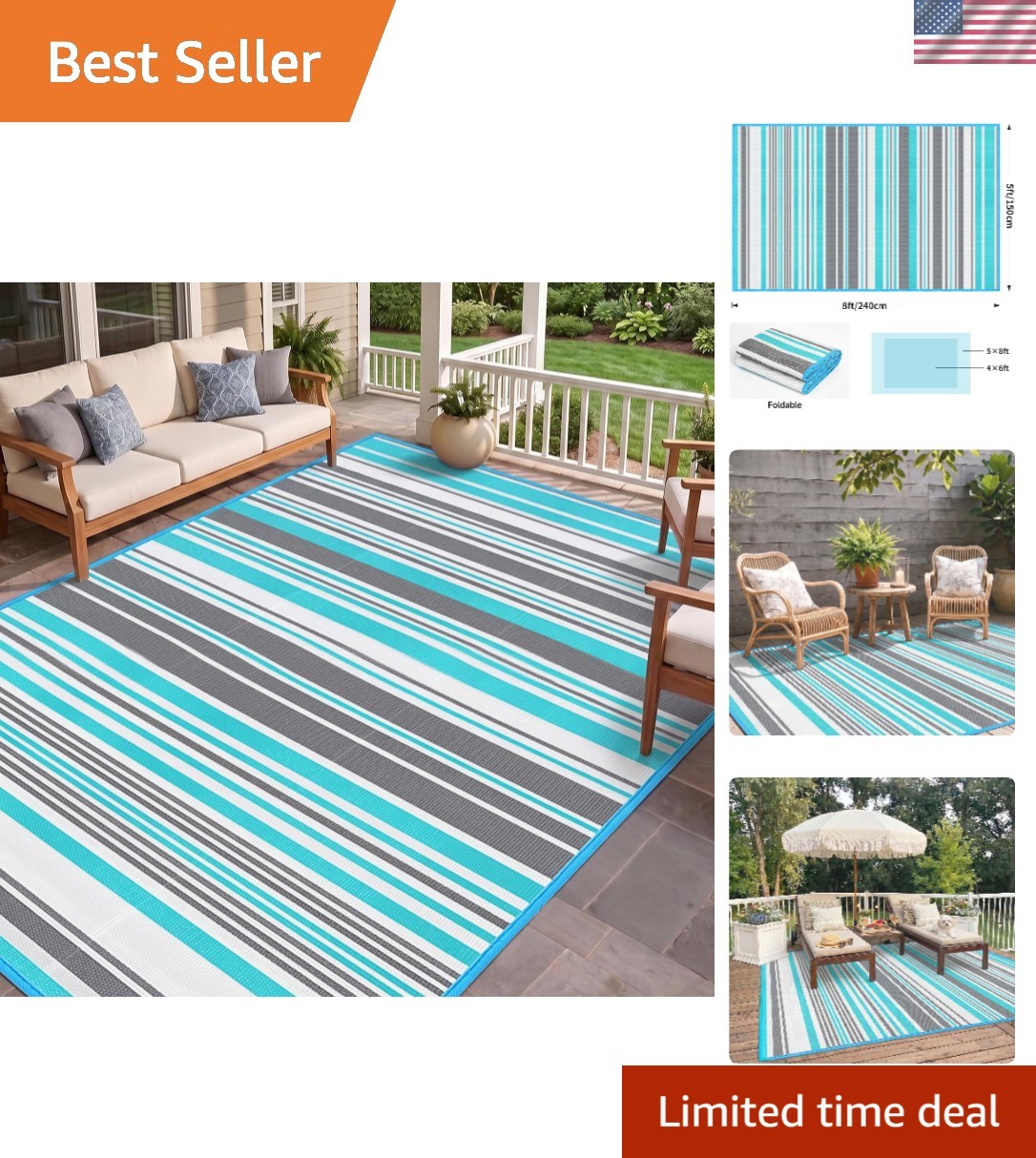 Durable 5×8 Striped Outdoor Rug – UV-Stabilized Mat for Everyday Use Outdoors