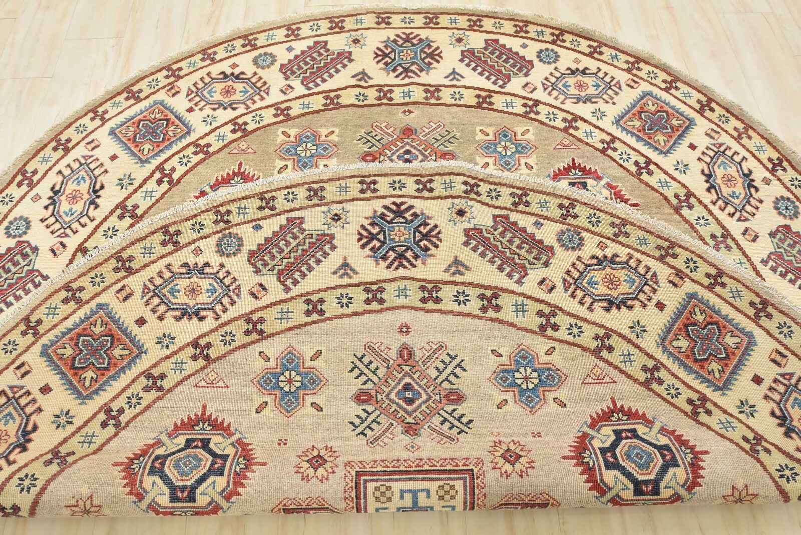 Kazak Rug 7’11” x 7’10” Round Brown Wool Tribal Hand-Knotted Oriental Carpet