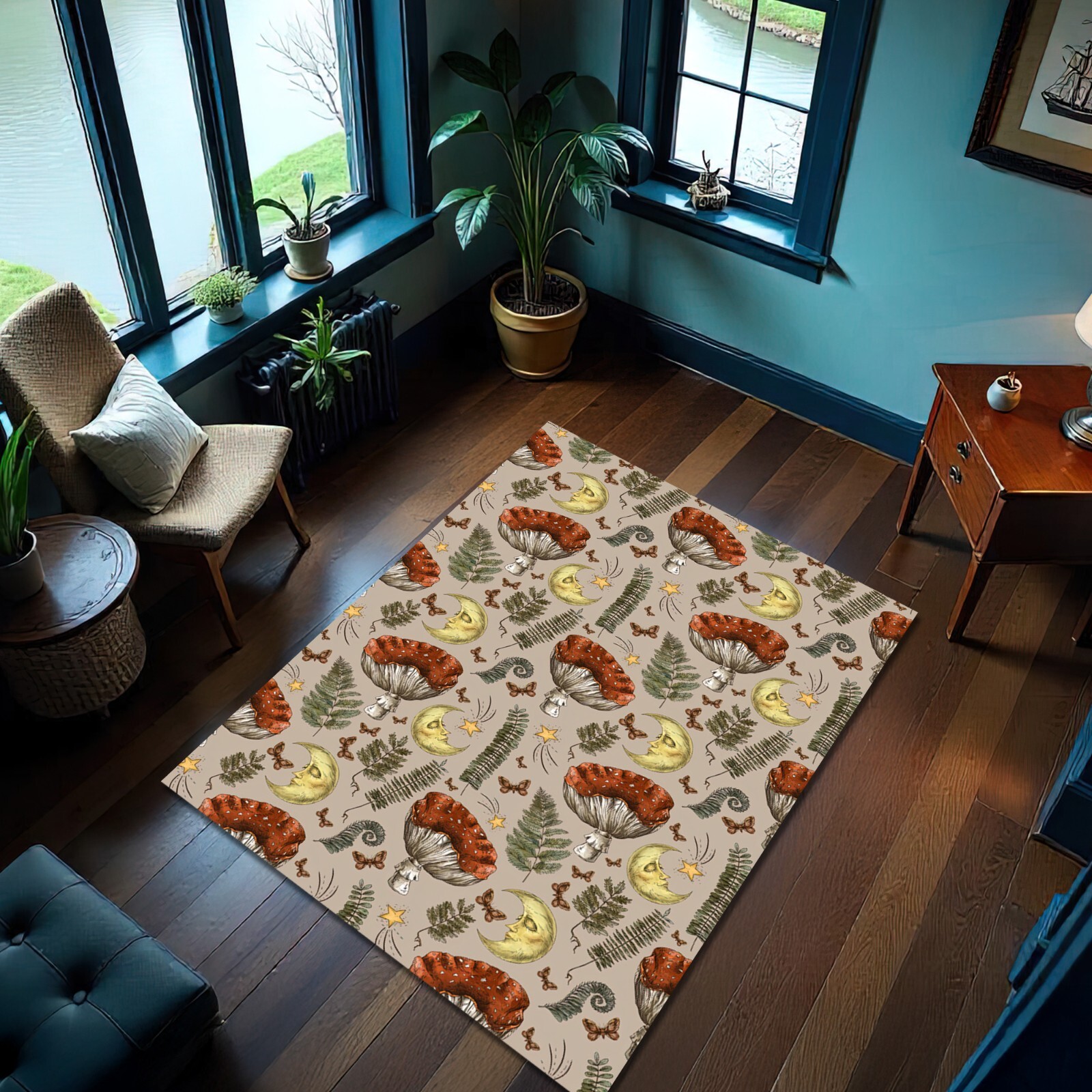 Mushroom Crescent Moon Rug Beige Carpet Soft Non Slip Mystical Boho Home Decor