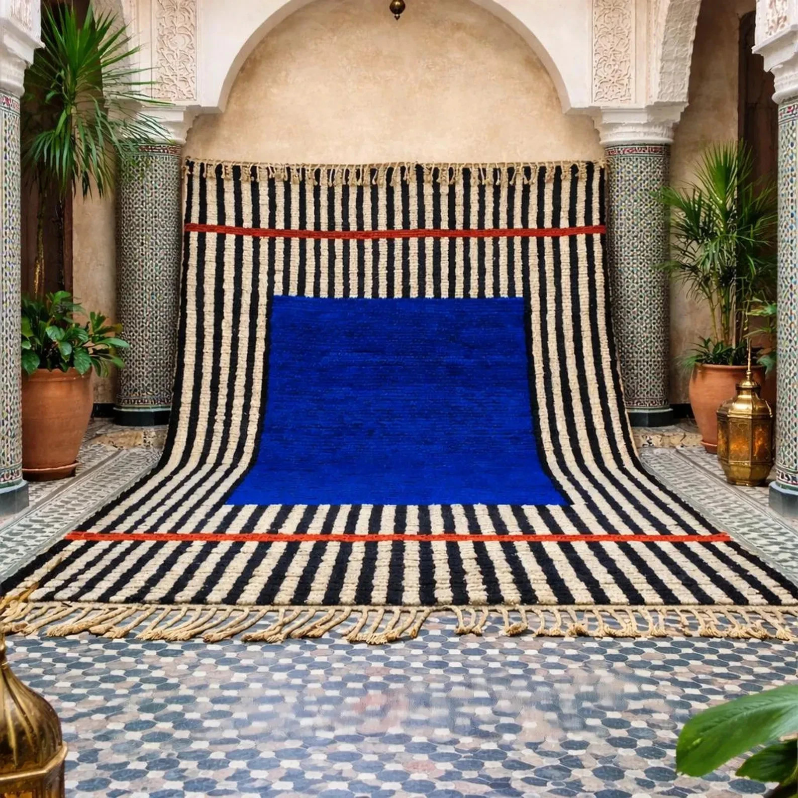 Cobalt Blue Moroccan Rug | Ivory White Wavy Beni ourain Rug | Handmade 8×10