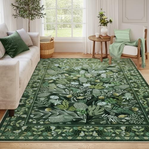 Green Large Area Rugs 8×10, Botanical Floral Washable Rug for Living Room,