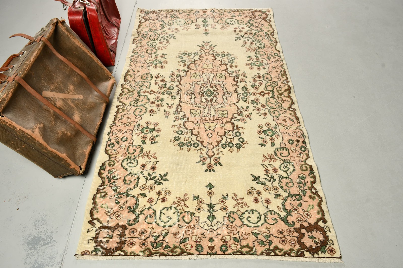 Vintage Area Rug, 3,6×7,2 ft Turkish Rug, Green Wool Rug