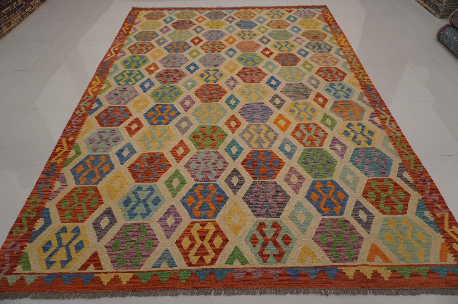 8×11 ft Beige Afghan Handmade Geometric Wool Kilim Area Rug (8’2″x11’6″)