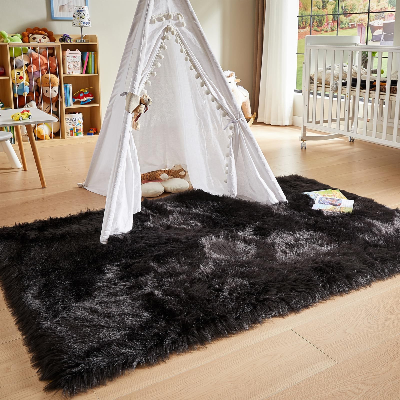 AMTOVO Faux Fur Sheepskin Rug for Living Room, 4 x 6 ft Black Fluffy Area Rug…