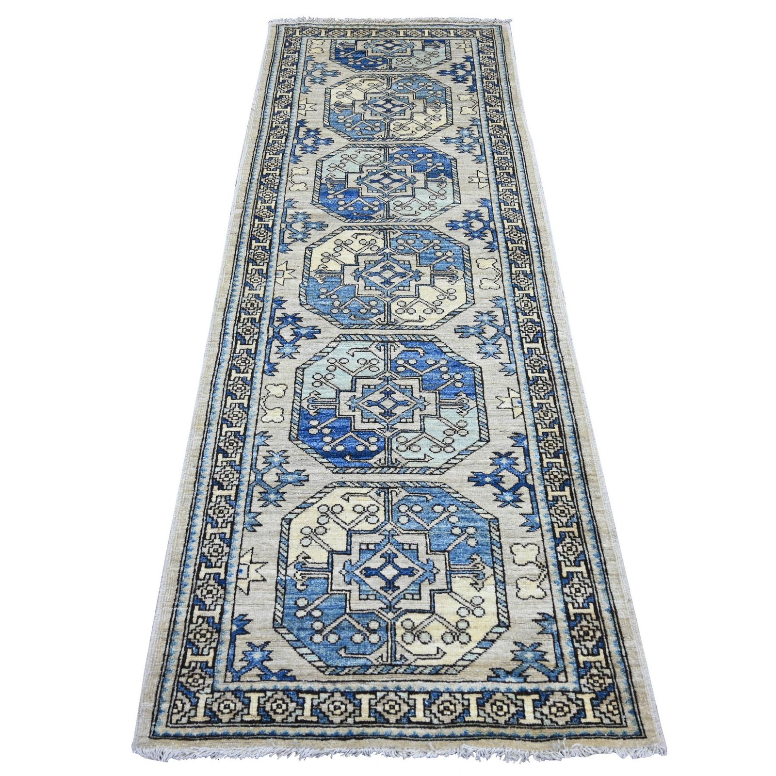 2’8″x7’6″ Oyster Gray Elephant Feet Design Hand Knotted Wool Runner Rug 22663