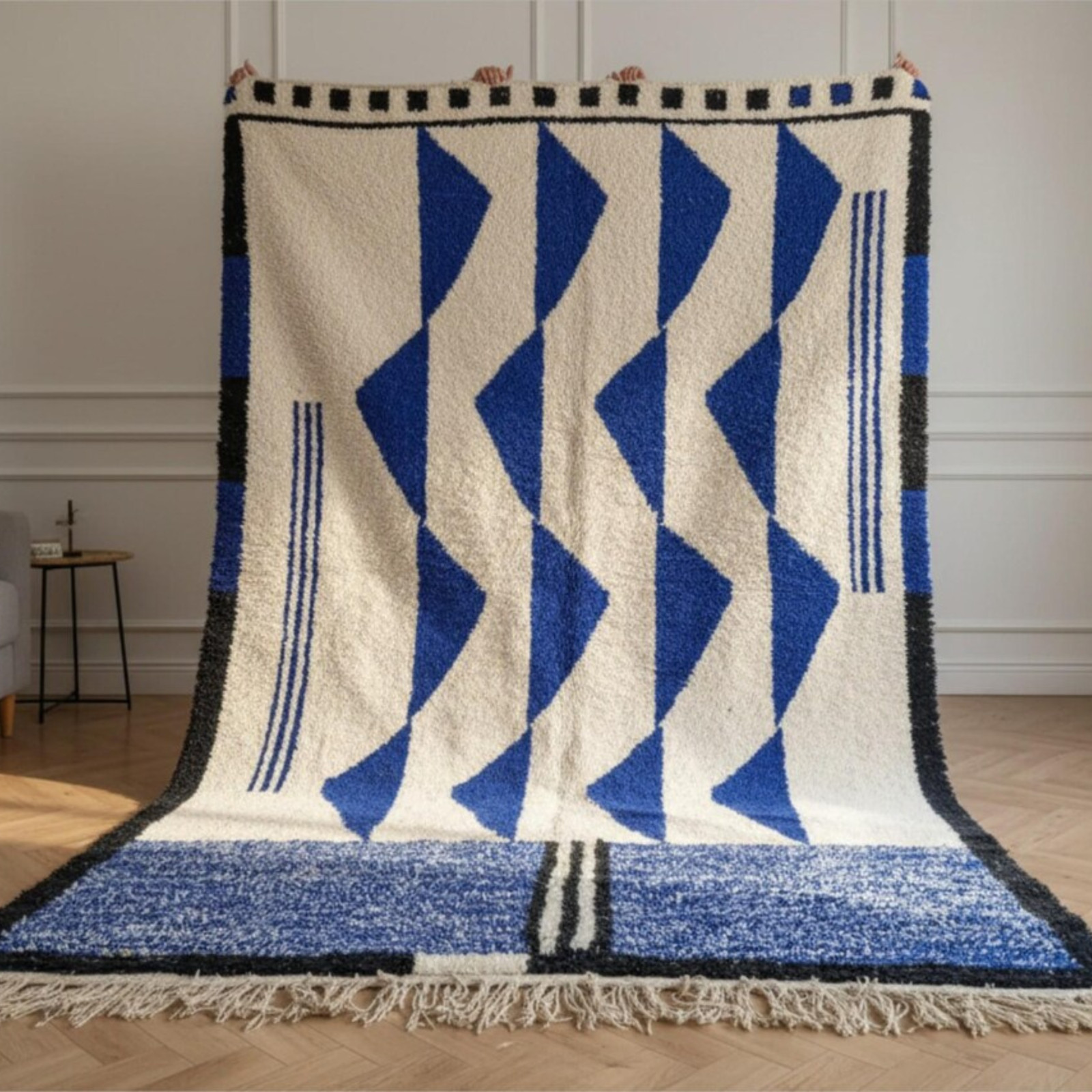 Handwoven Moroccan Style Wool Area Rug Blue White Modern Geometric Carpet