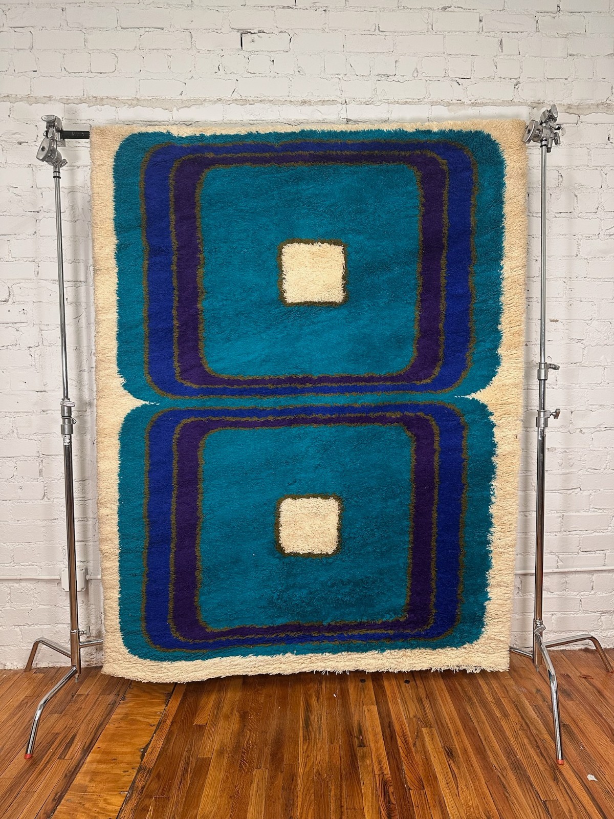 60’s HOJER EKSPORT 2 Square Blue Purple UNUSED Rya Rug Danish Modern Mid Century