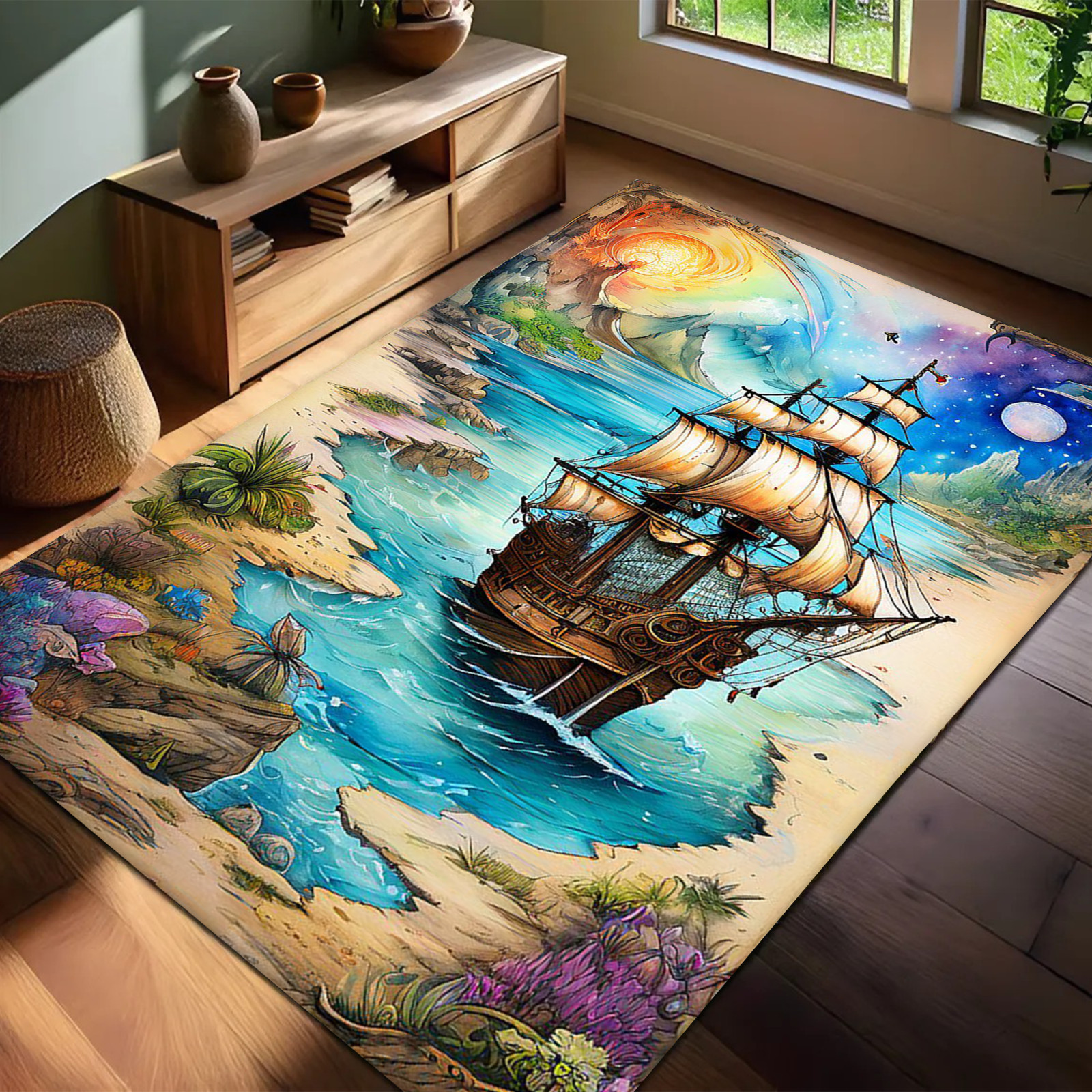 Sailing Ship Fantasy Ocean Area Rug, Tropical Island Adventure Carpet, Nautical