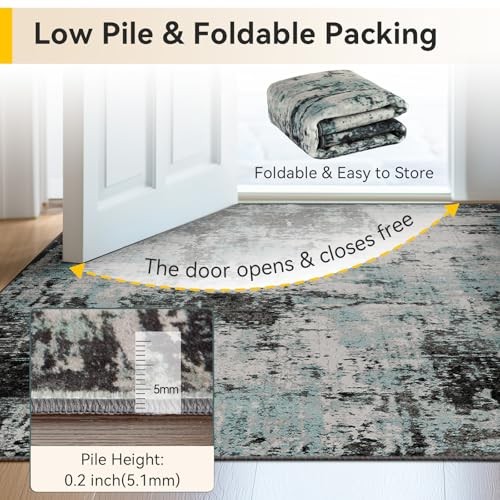 RELEANY 5’x7′ Abstract Area Rug Teal Black Washable Non-Slip Modern Low Pile